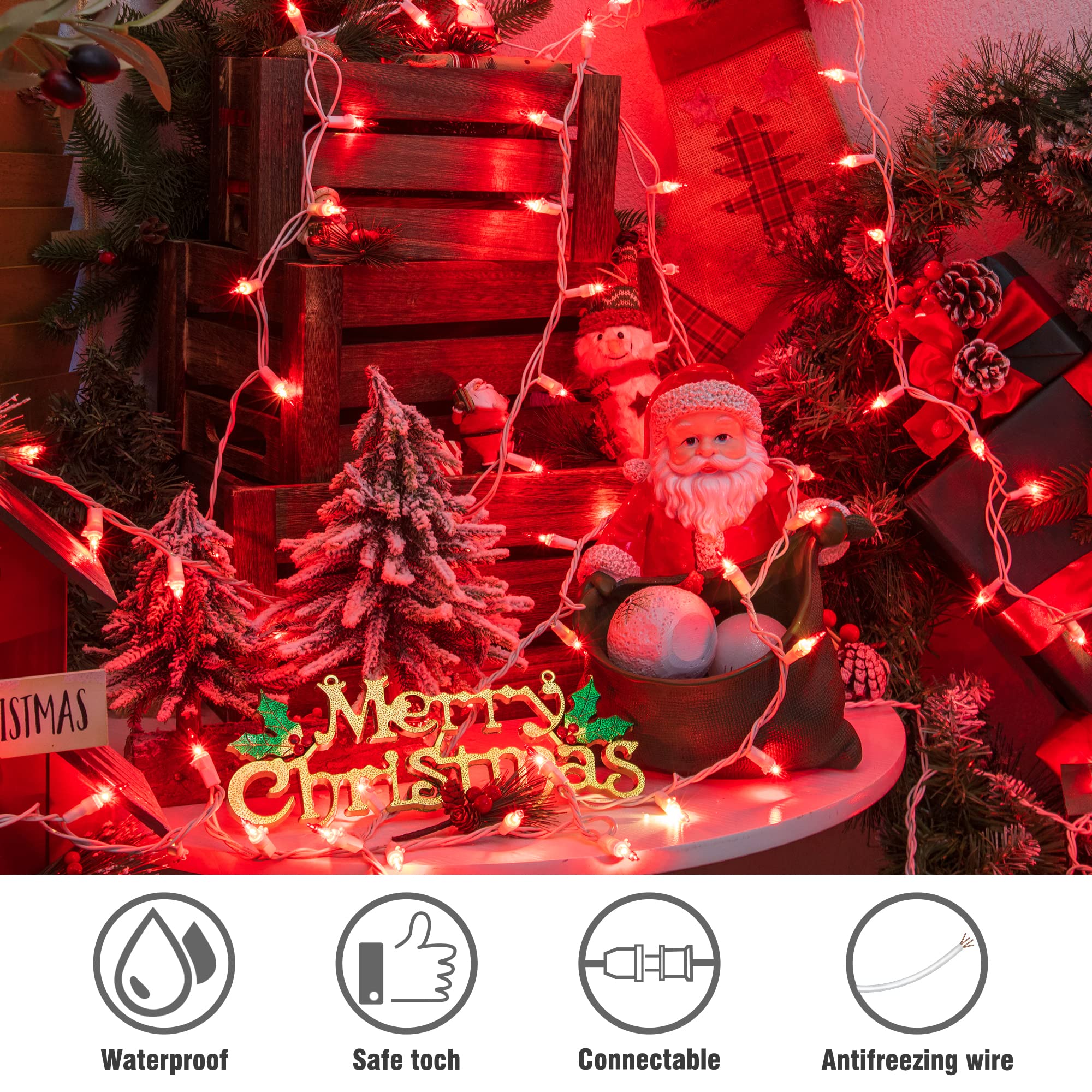 Hopolon 50 Red Christmas Lights - 2Pack White Wire, 13Ft String Lights For Indoor/Outdoor Holiday Decorations