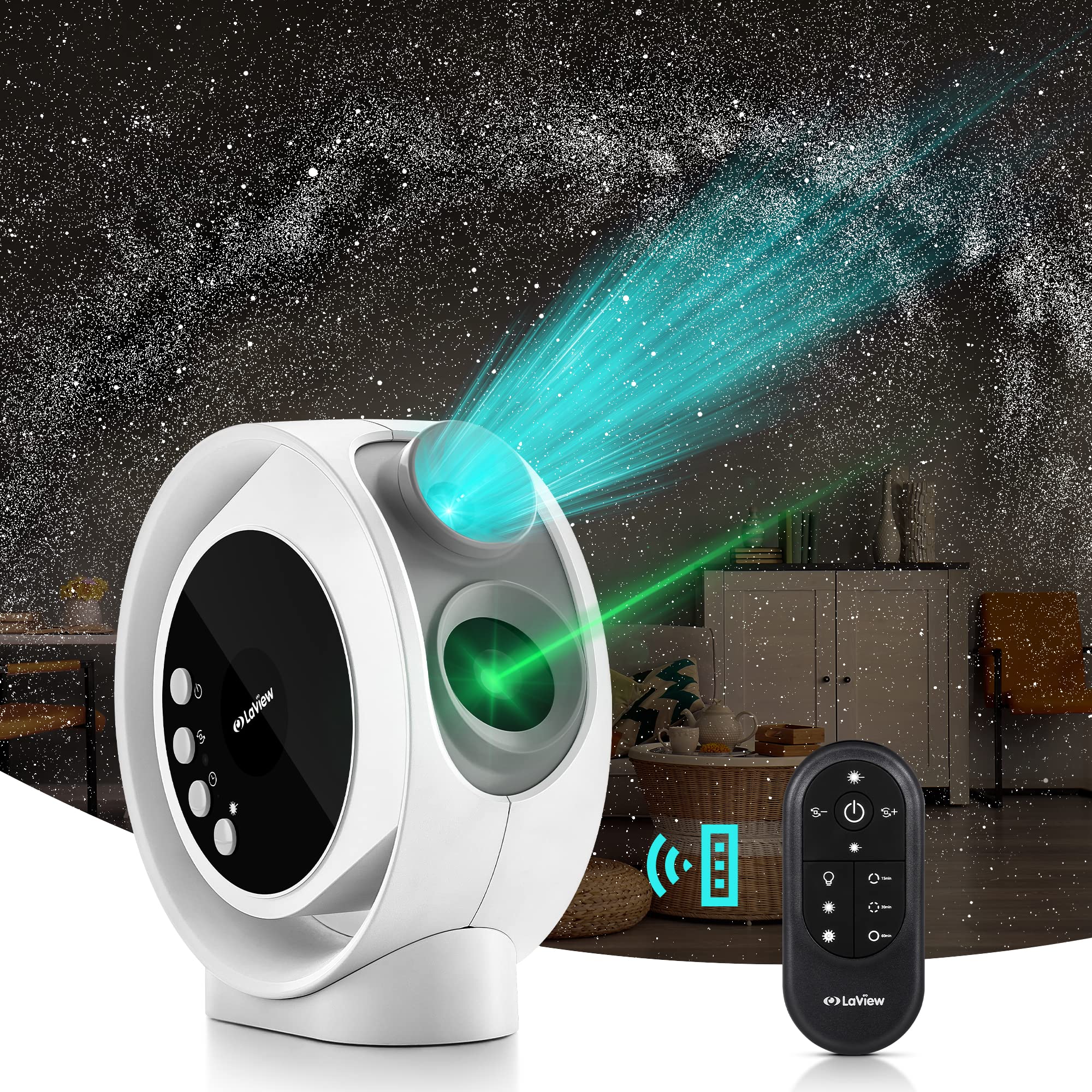 LaView Star Projector LV-X2-W-EU HD Image with 4 Galaxy Discs, White, Infrared Remote, Silent Rotation, Night Light for Bedroom