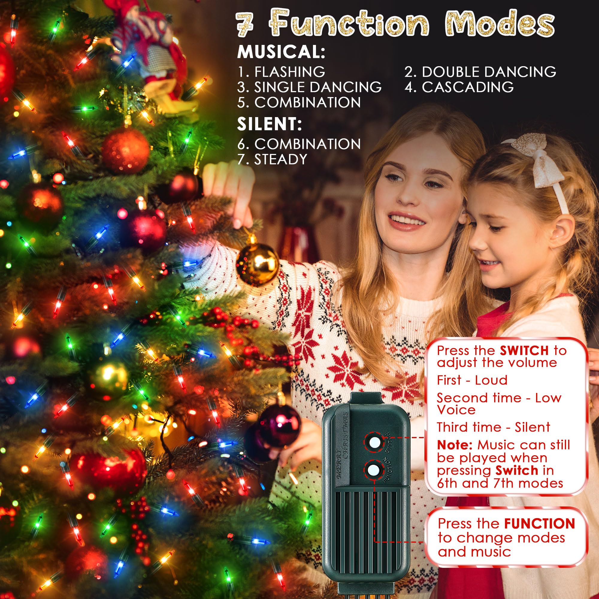 Enhon 280 Bulbs 65Ft Musical Christmas Lights, Christmas Xmas Tree Music Lights With 25 Classical Holiday Songs, 7 Function Mode, Adjustable Volume And Mute, Green Wire For Xmas Tree(4 Color)