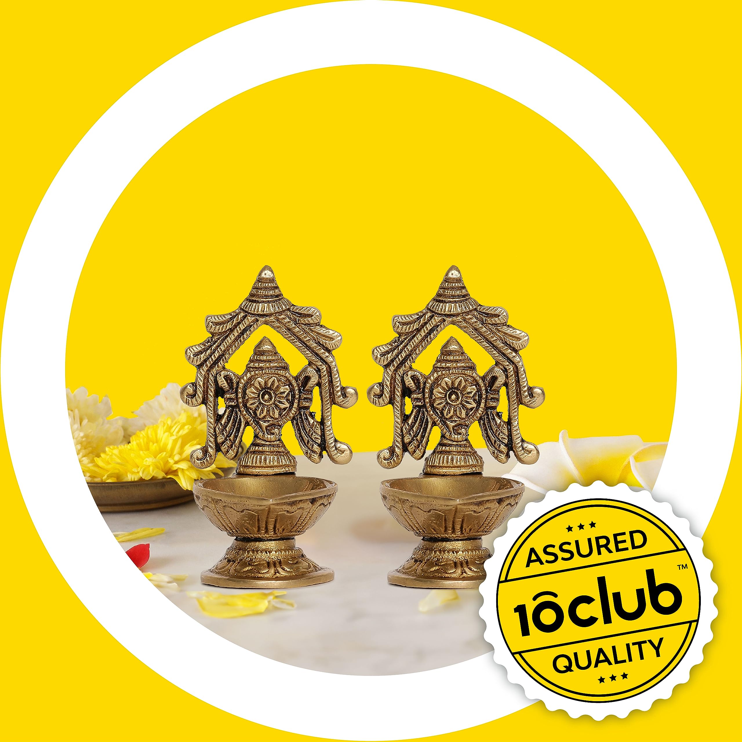 10Club Pure Brass Shankh Chakra Antique Arch Design Diya (2 pcs) | 4.8L X 6W X 10H cm, 400 gm | Brass Yellow Antique Finish | Pu
