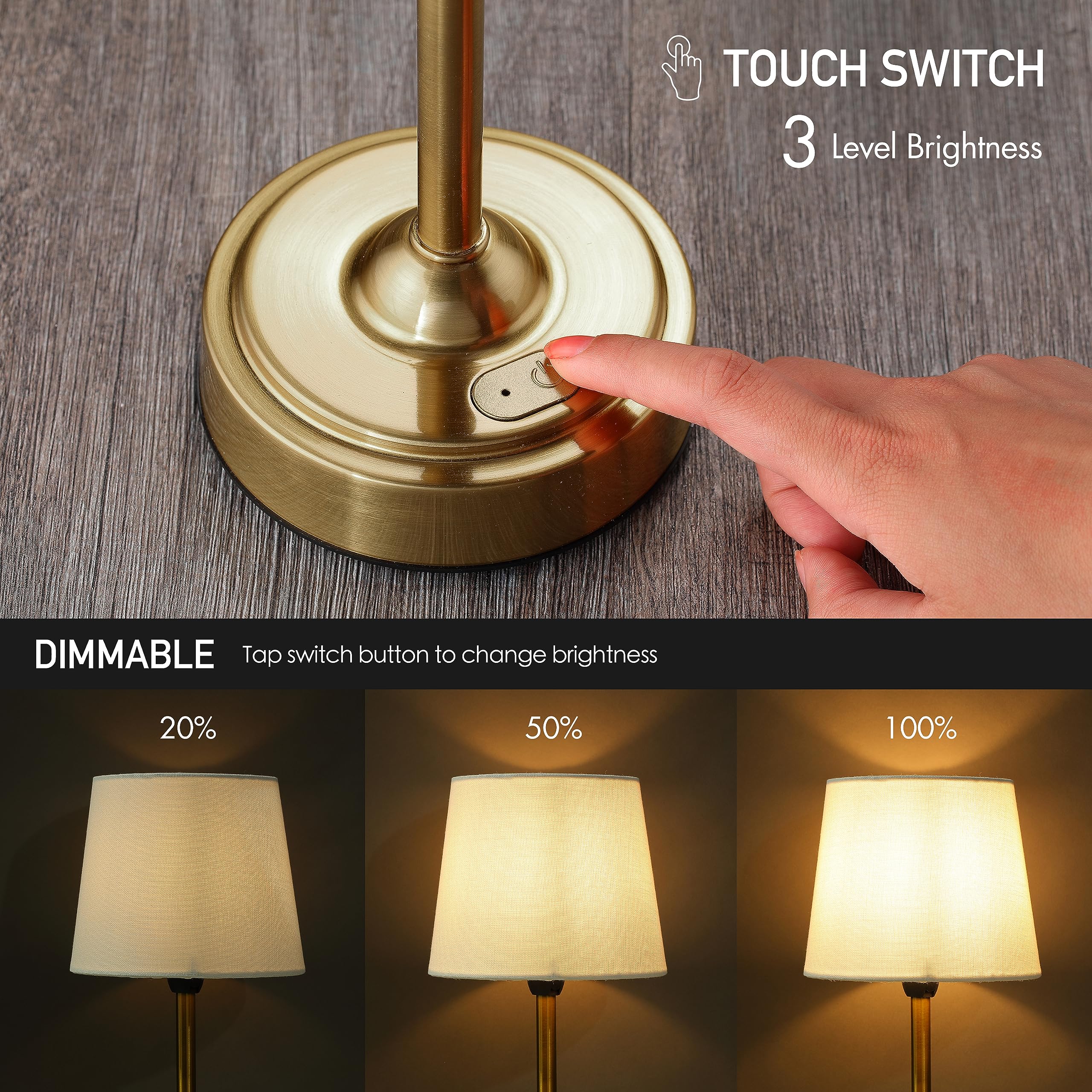 O'Bright Cordless LED Table Lamp - Dimmer, 3-Level Brightness, Antique Brass, Rechargeable, Model OB-TL19B