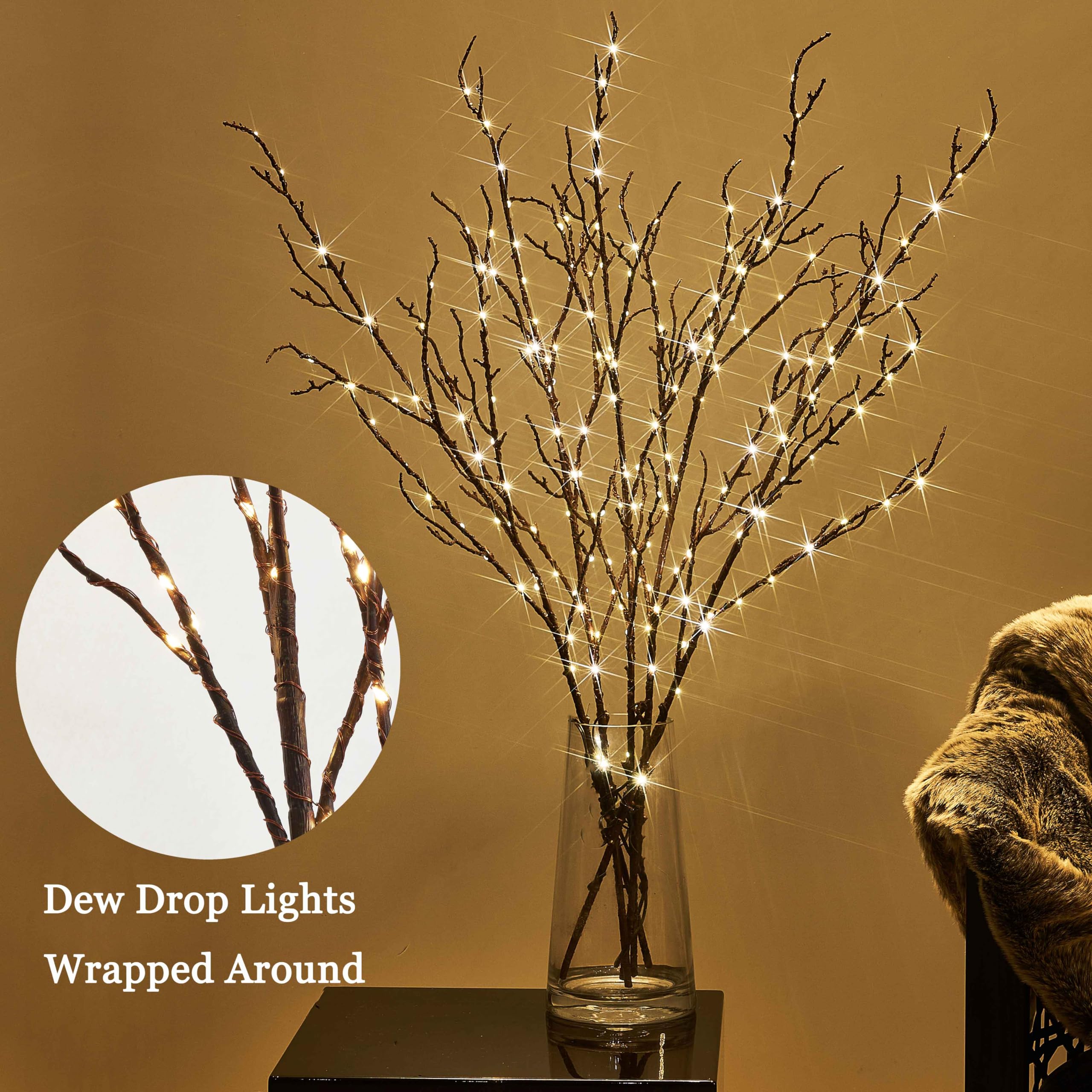 Hairui Lighted Brown Twig Branches - 32in 200 LED Fairy Lights, Indoor/Outdoor Decoration, Plastic Material