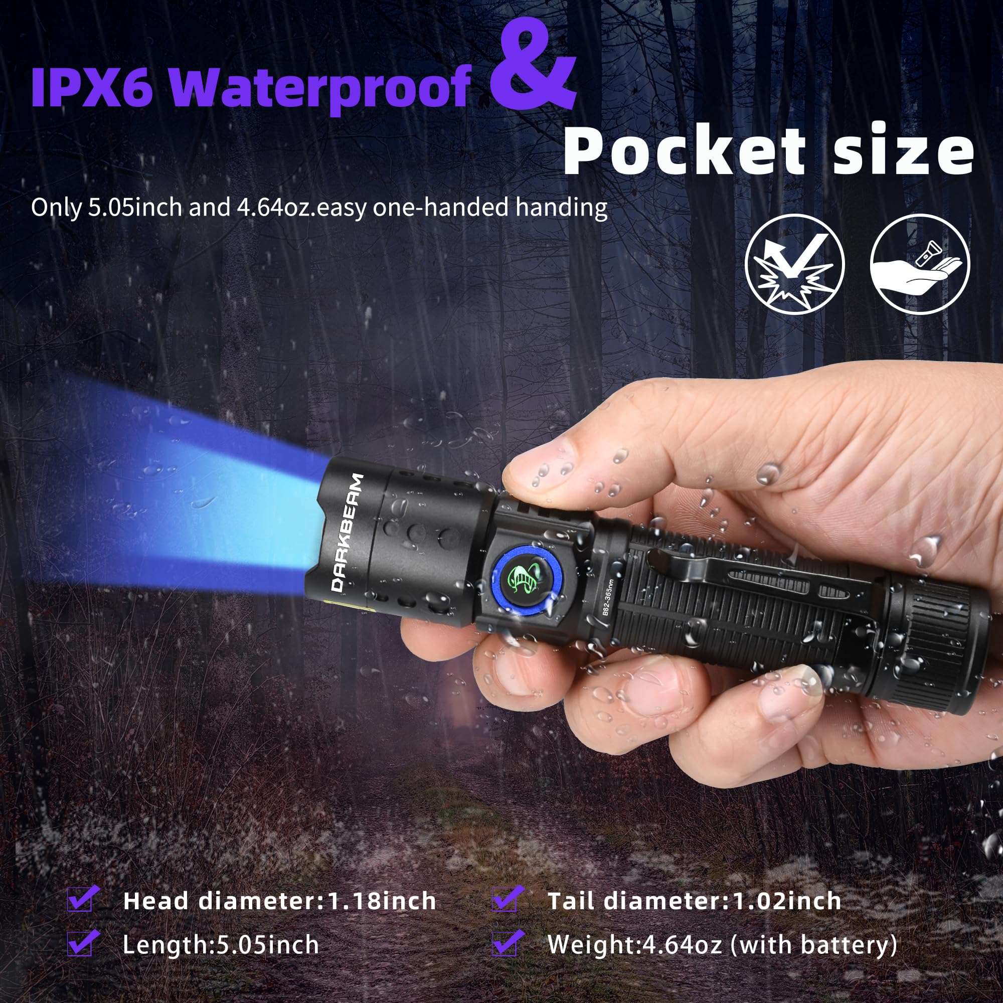 DARKBEAM 365nm UV Flashlight - USB-C Rechargeable Black Light, Mini Woods Lamp, Water Resistant for Pet Urine & Stains, Model B62