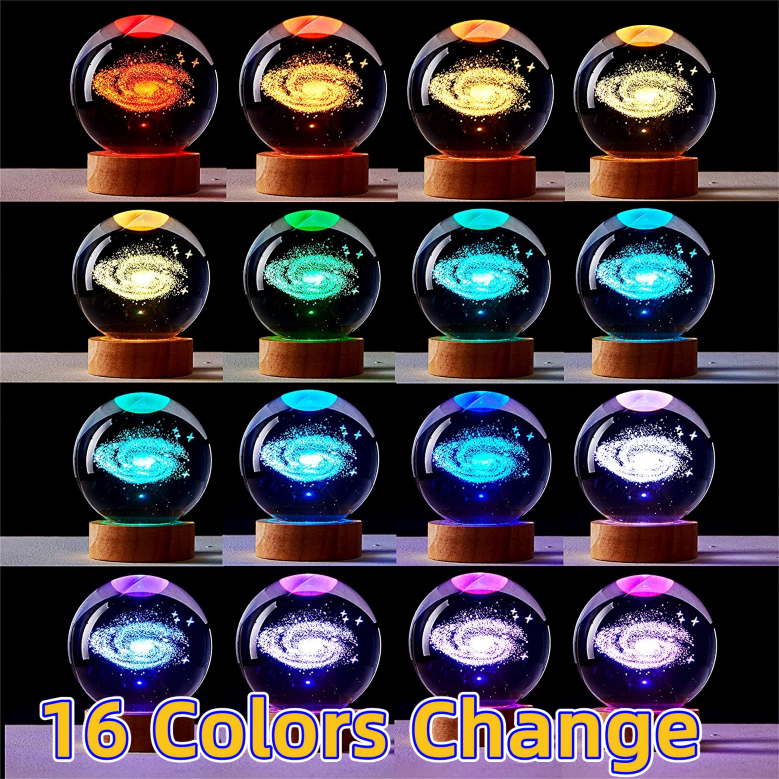 DIGFPWT Galaxy Crystal Ball Night Light, 3.15" LED Lamp, 16 Colors, Gift Box, 3D Solar System Design