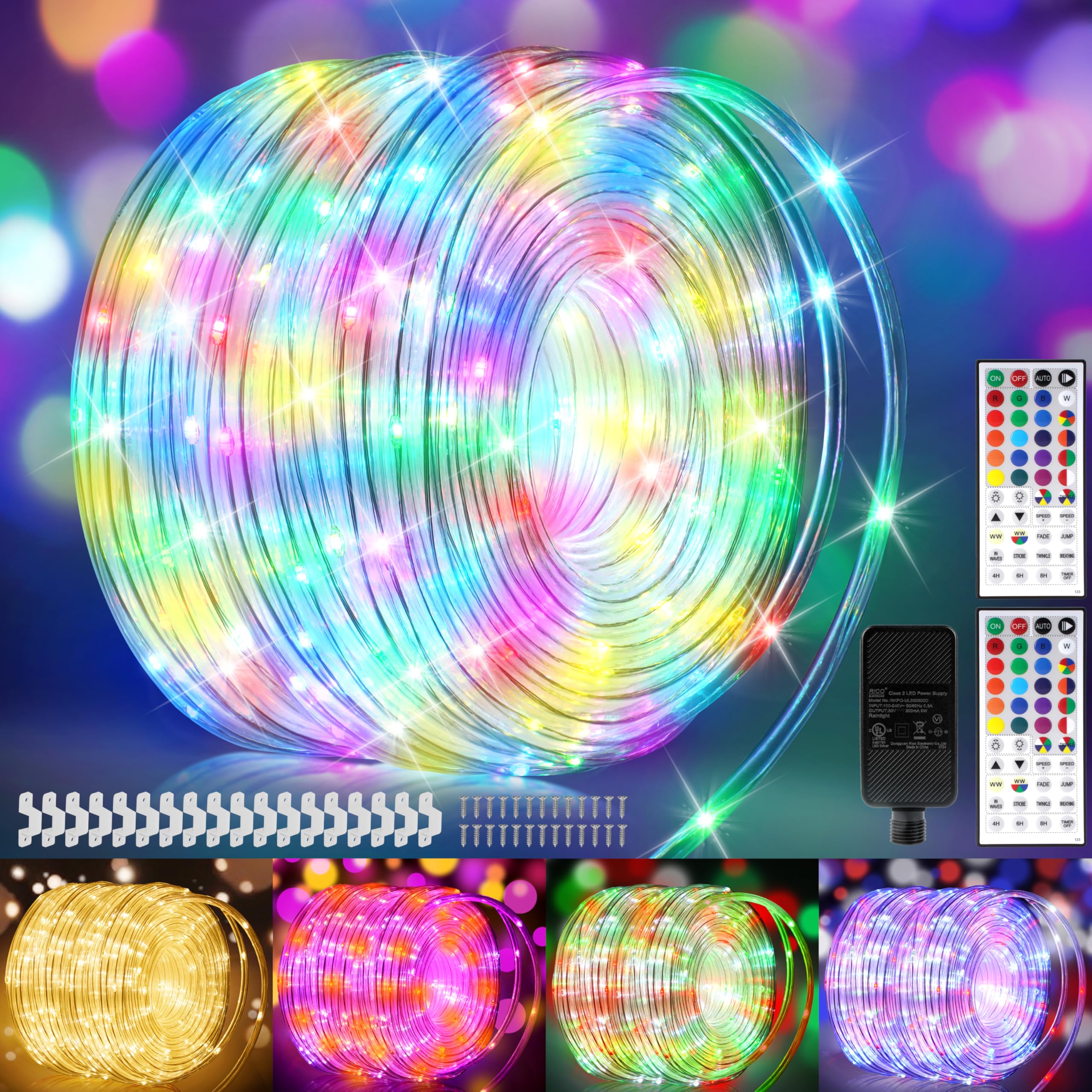 400 LED Rope Lights Outdoor String Lights Plug in, 132ft Warm White & Color Changing Waterproof Christmas Lights Outdoor, Rope L