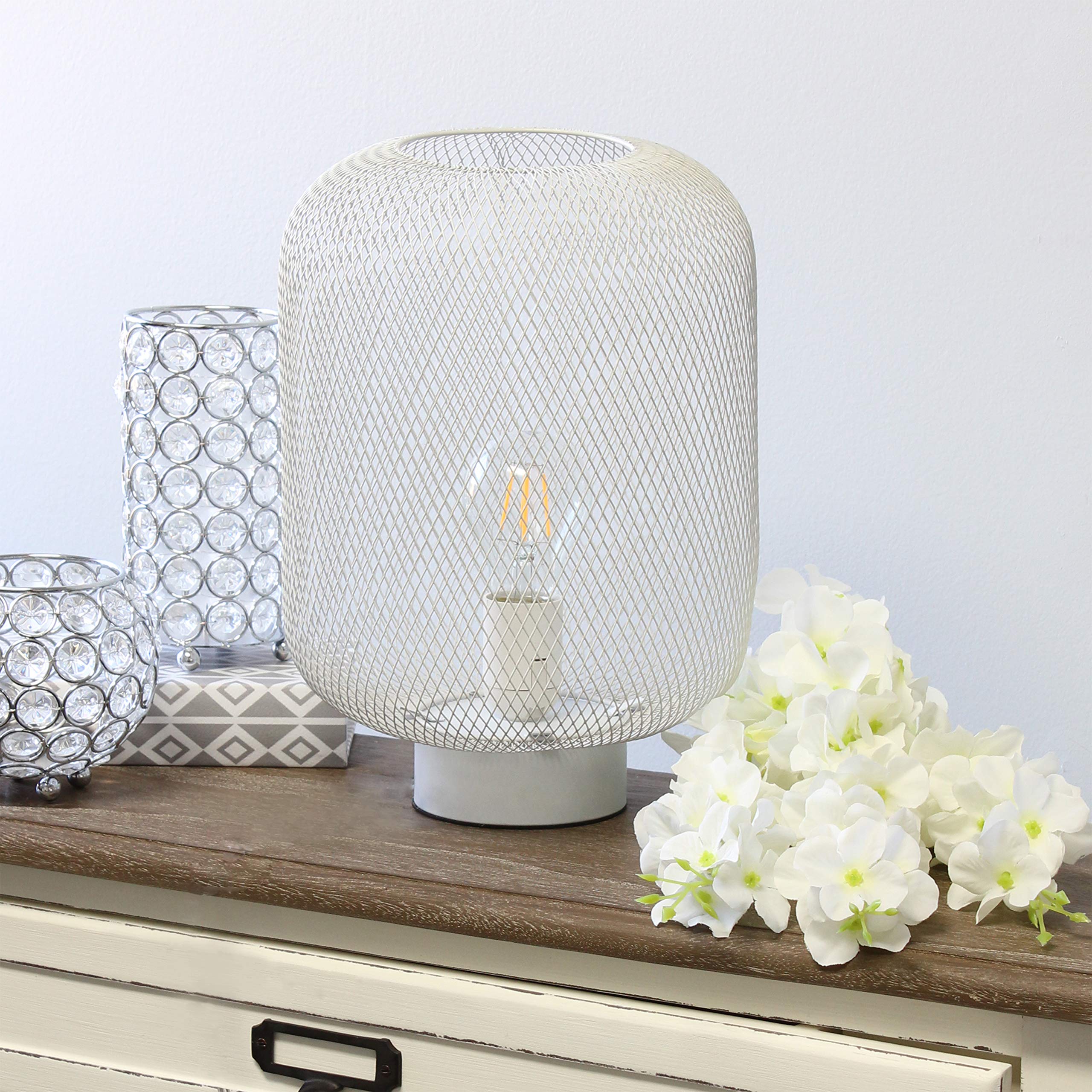 Simple Designs Lt1072-Wht Metal Mesh Industrial Table Lamp, White