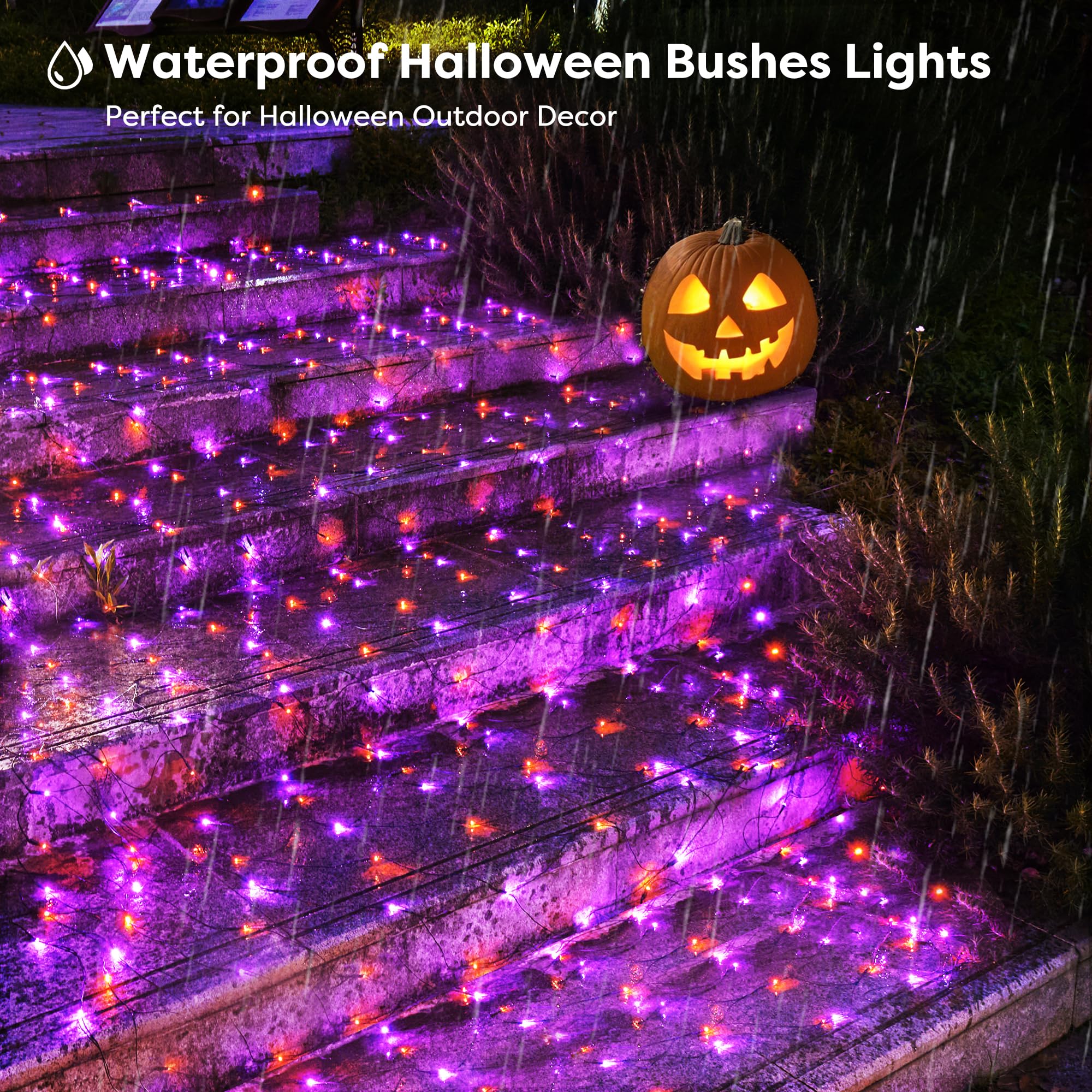 BlcTec Halloween Lights Outdoor 360 LED 9.8ft x 6.6in Orange Purple Waterproof Mesh Lights with Timer, Connectable, Green Wire
