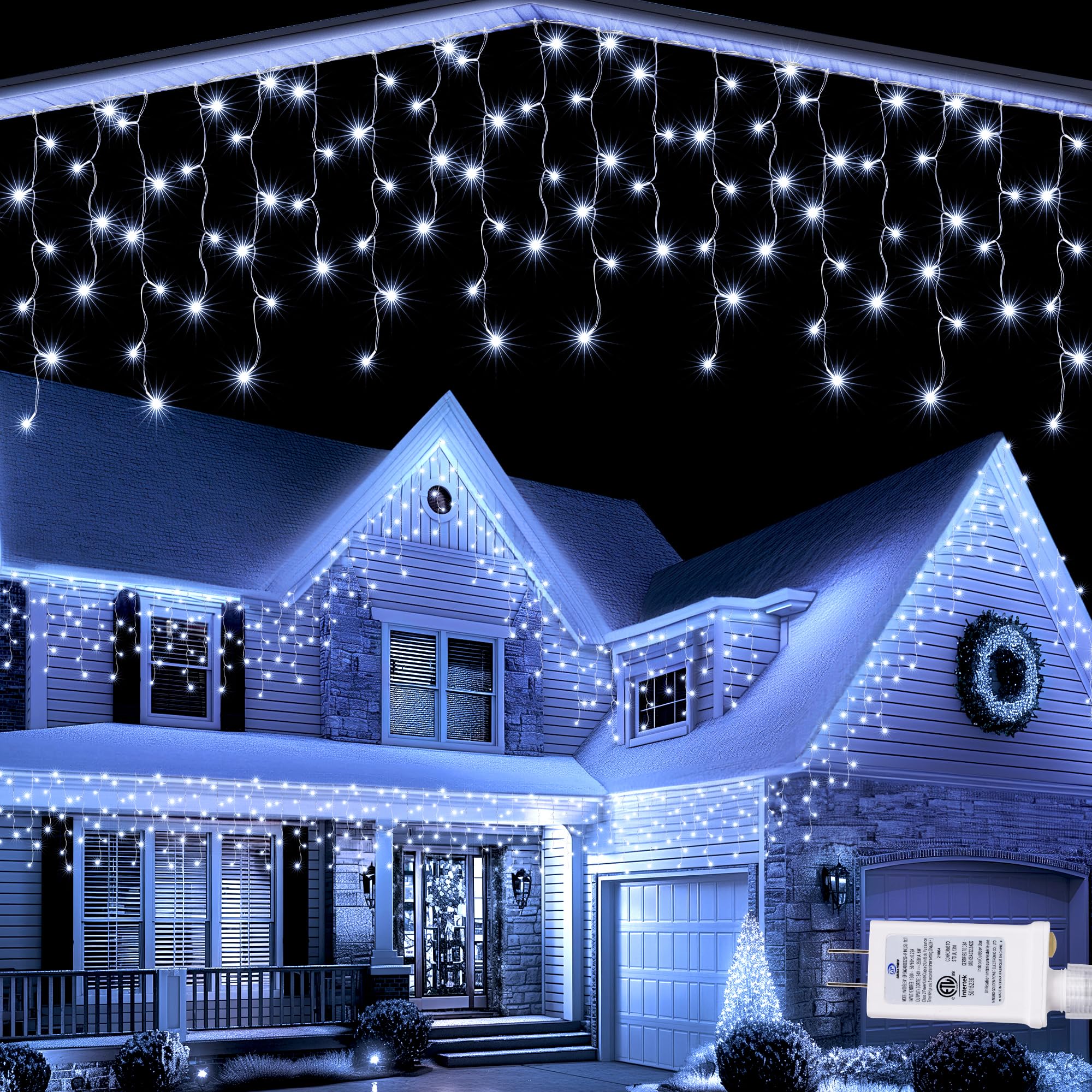Lomotech Christmas Icicle Lights - 32Ft Waterproof, 8 Modes, Timer, White, Model SSL0200-I-24V