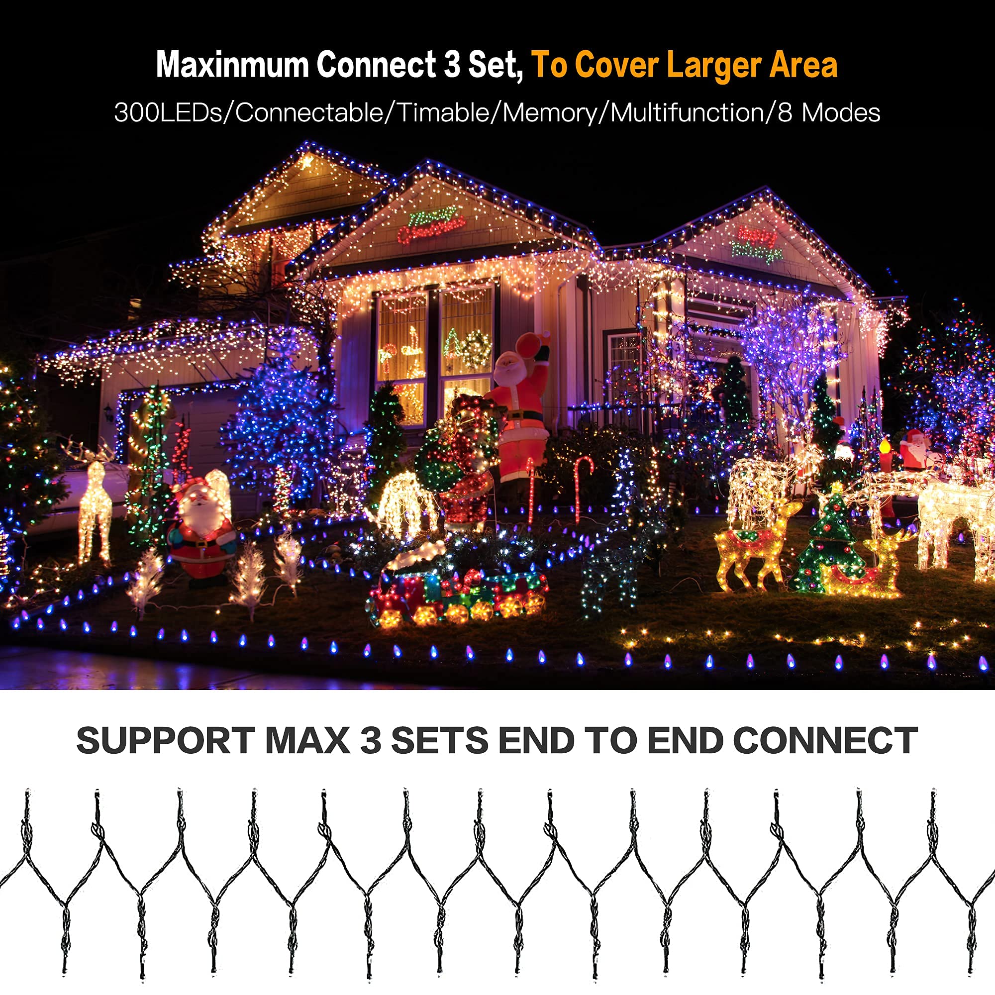 Amyhomie Christmas Lights Outdoor, 300Led Multicolor Christmas Lights With 8 Lighting Modes, End To End Connectable Fairy String