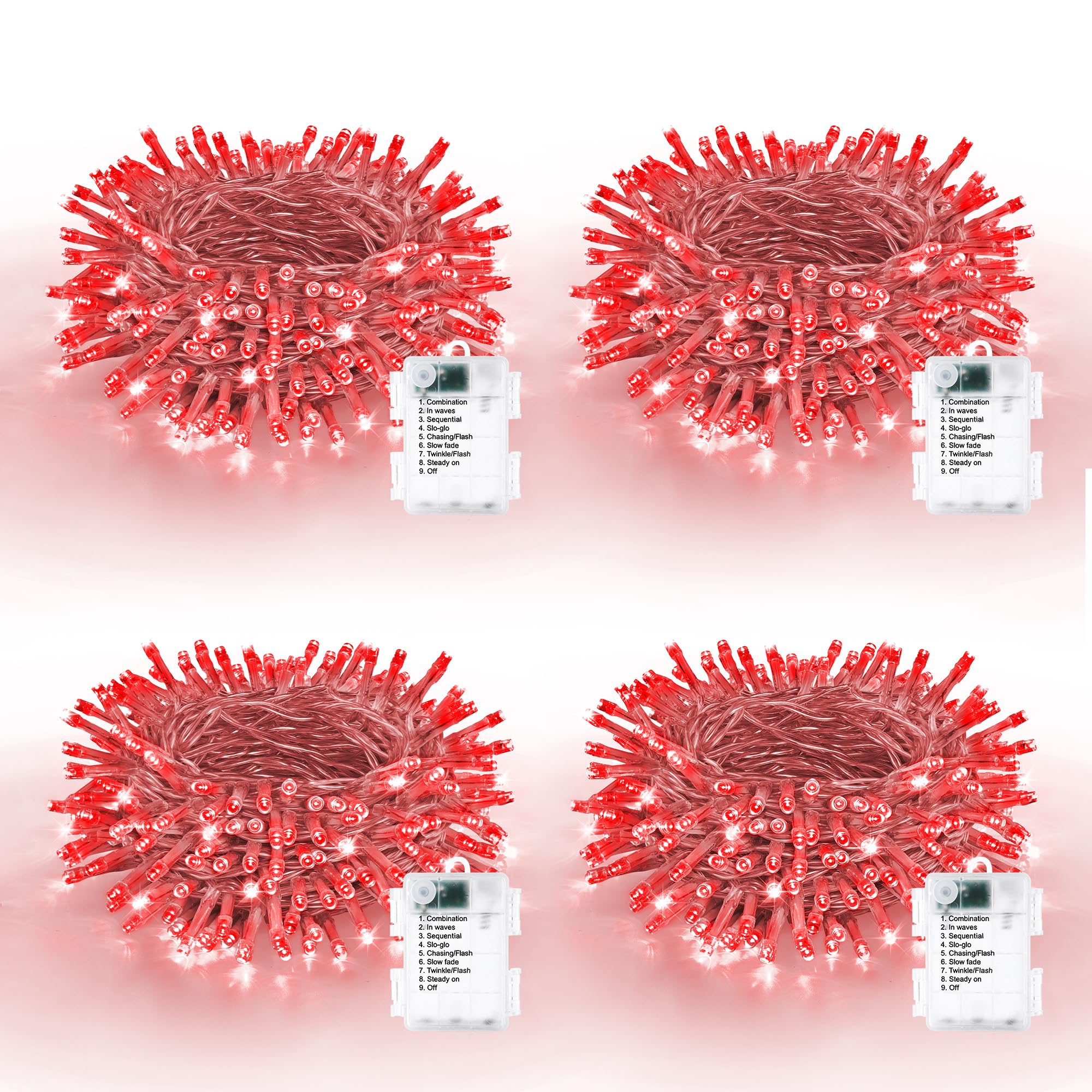 Lomotech Battery Operated Christmas Lights - 4 Pack Total 66Ft 200Leds String Lights 8 Modes Waterproof With Timer For Home  Garden  Party  Holiday  Tree Decoration (Clear Wire  Red)