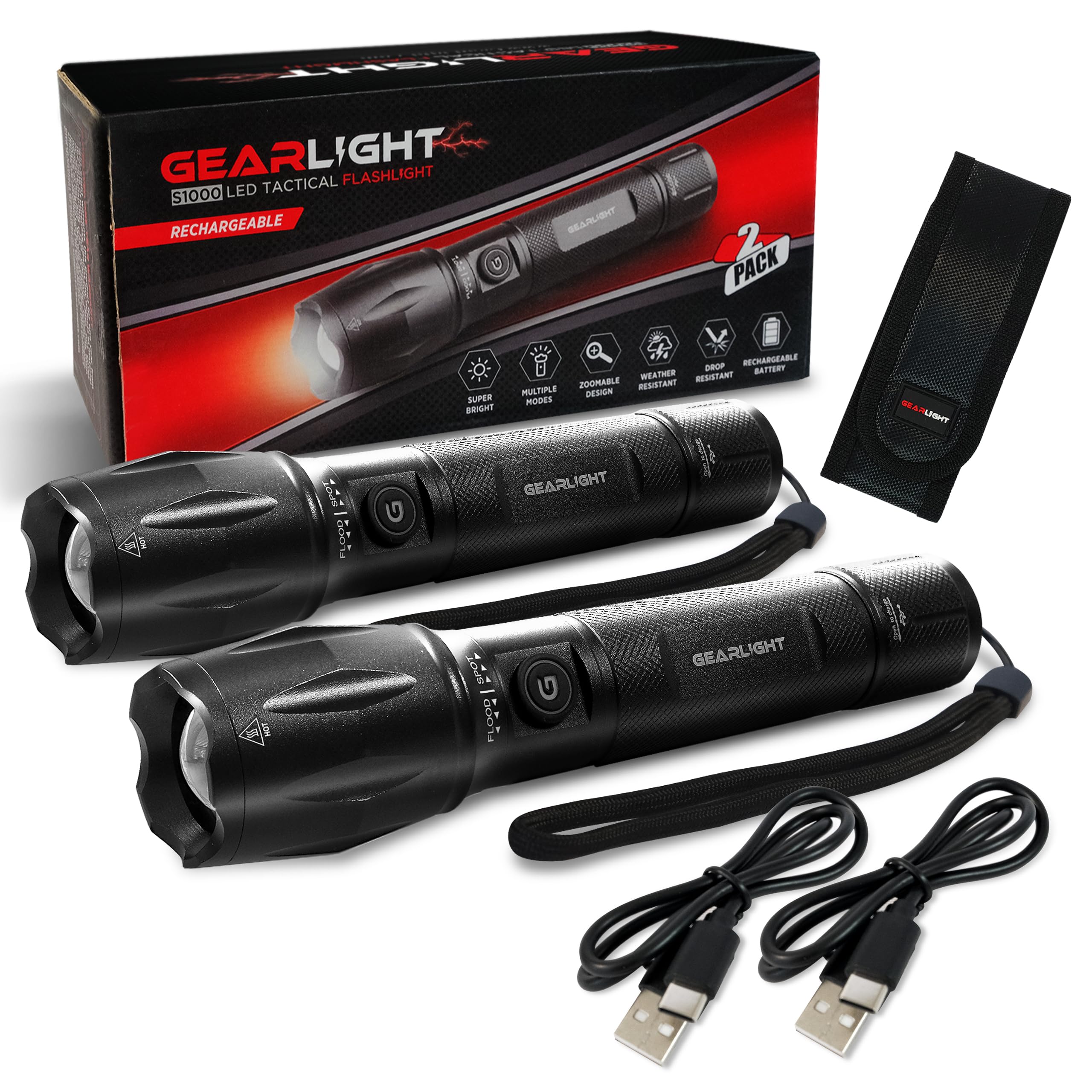 Gearlight S1000 Rechargeable Led Tactical Flashlight - 2 Pack, High Lumens, Usb-C Fast Charging, Dual-Button, Ipx4 Water-Resista
