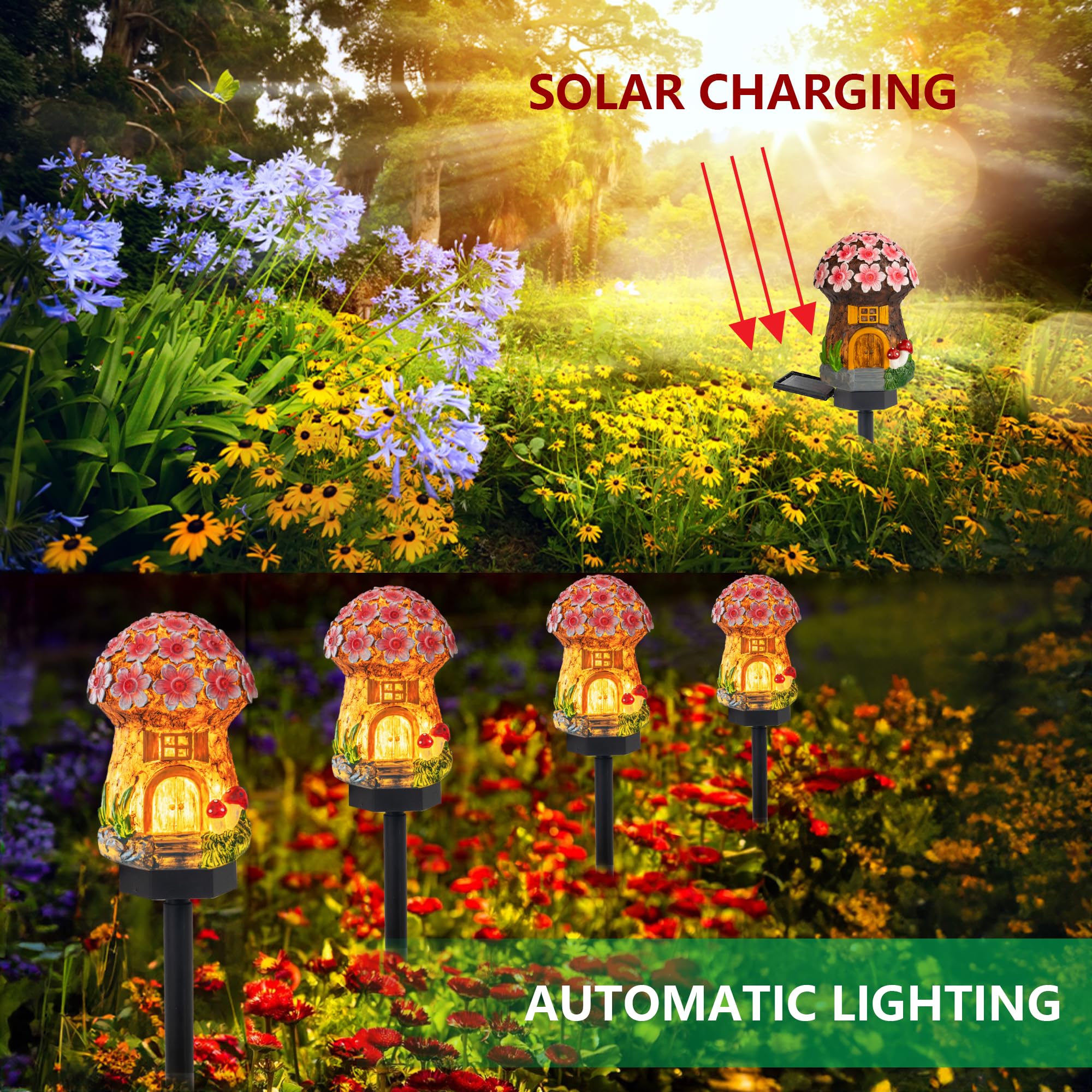 Dazzle Bright Solar Mushroom Lights - LED Garden Decor, Resin, Outdoor Stakes