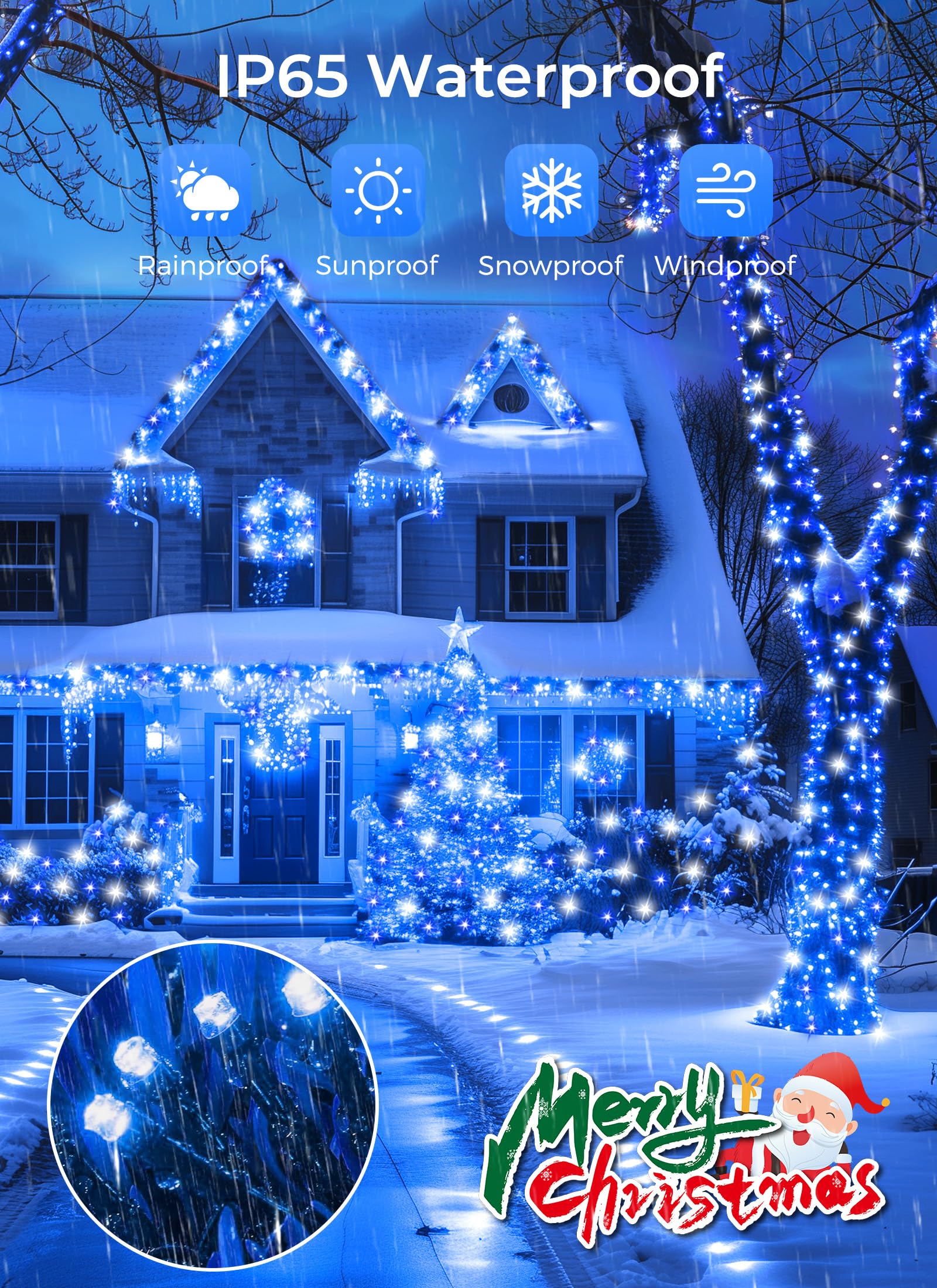 Minetom Solar String Lights - 400 LED, 160FT, 8 Modes, Waterproof, Outdoor Christmas Lights, 4 Pack, Blue & White