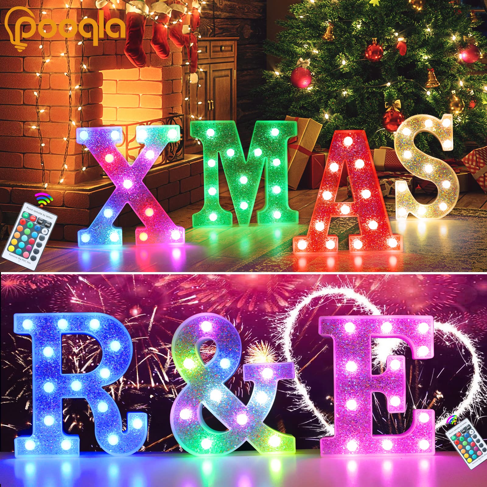 Pooqla LED Marquee Letter Light, Silver, RGB Colors, Model S-RGB Silver-D, Battery Operated, Decorative Night Light for Parties