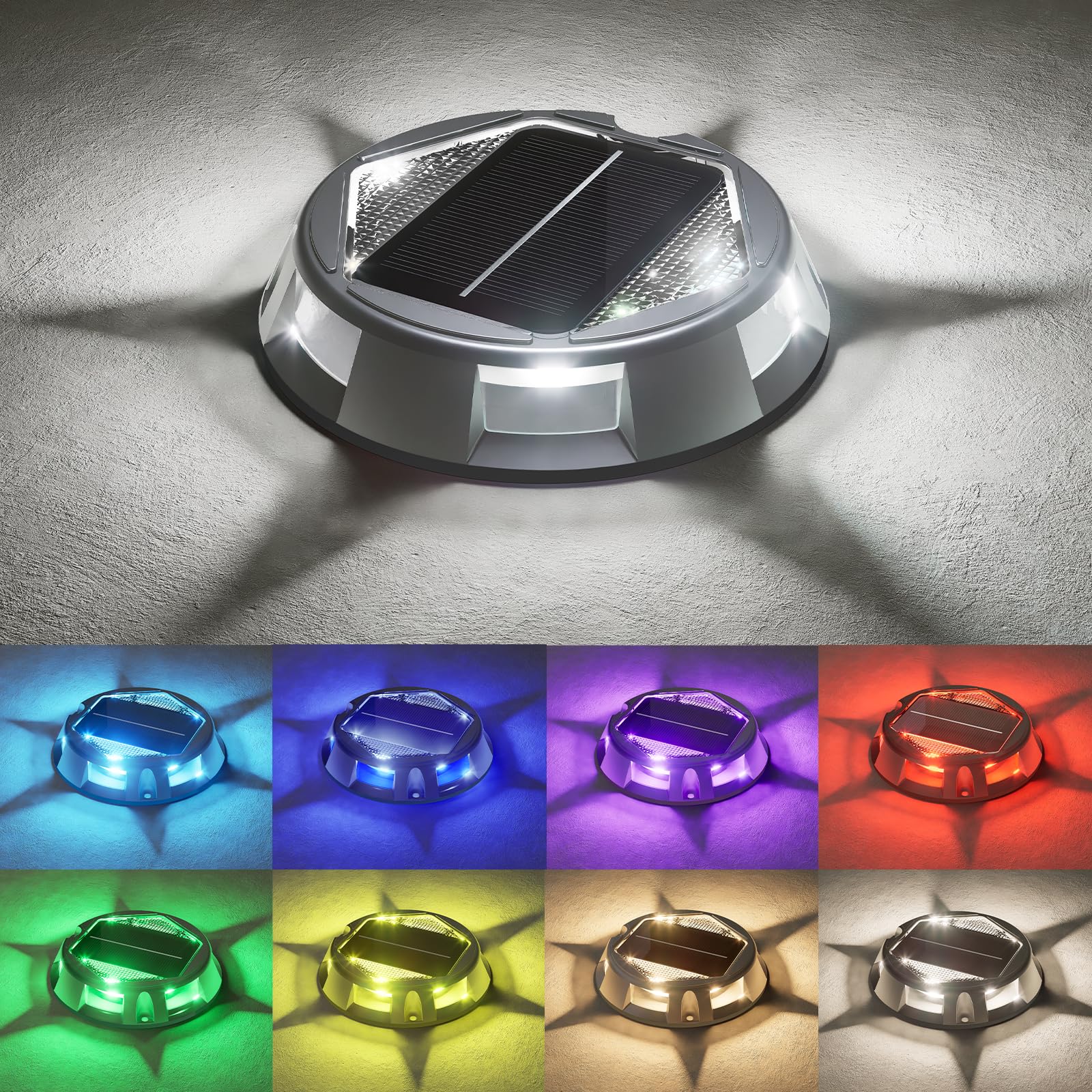 VOLISUN Solar Driveway Dock Deck Lights 8 Pack 9 Colors in 1 Led IP67 Waterproof Outdoor Warning Step Lights for Driveway Sidewalk Pathway RGB