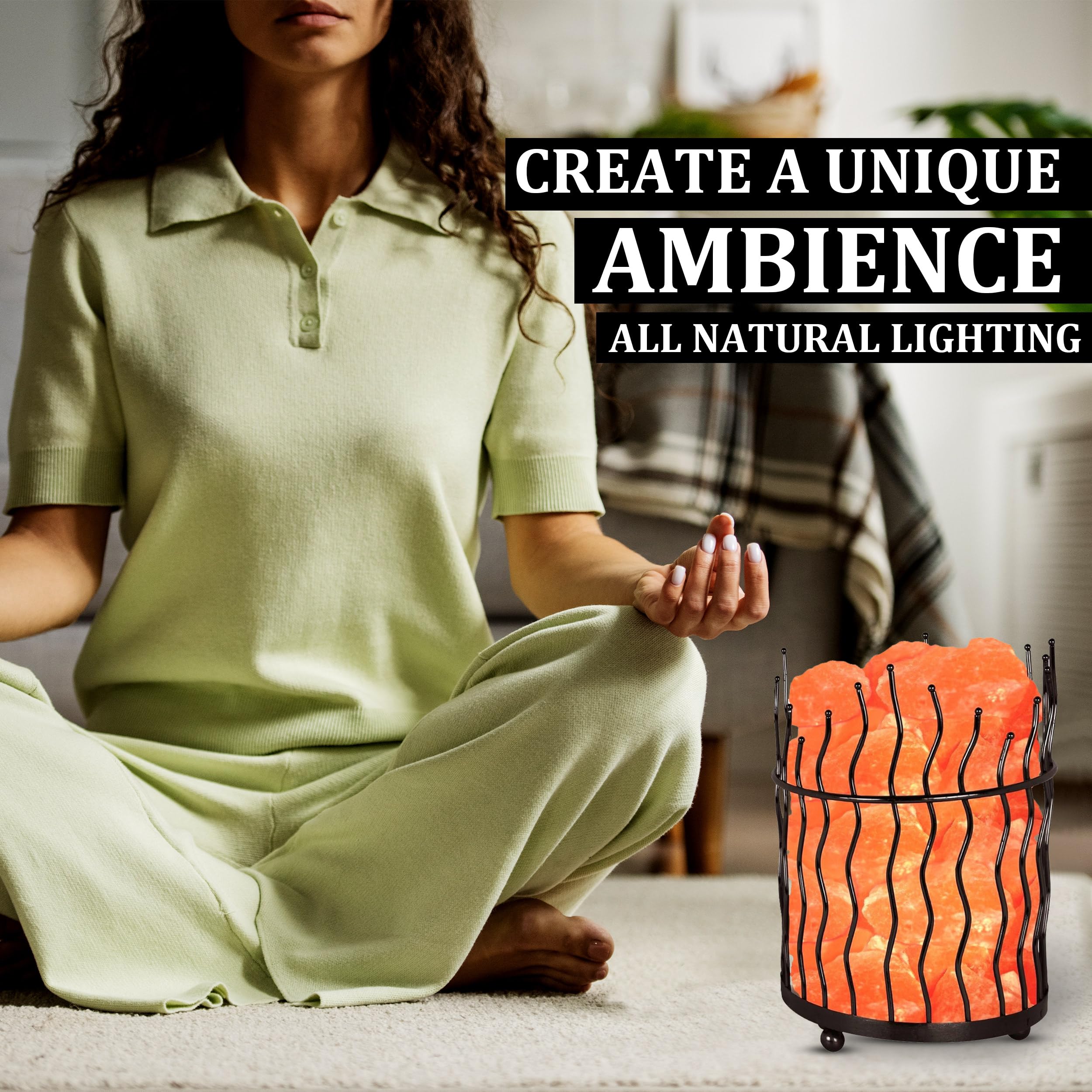 Himalayan Glow Tall Round Metal Basket Lamp with Dimmer Switch, Natural Himalayan Salt, 8-10 lbs, Orange, Model D-1332