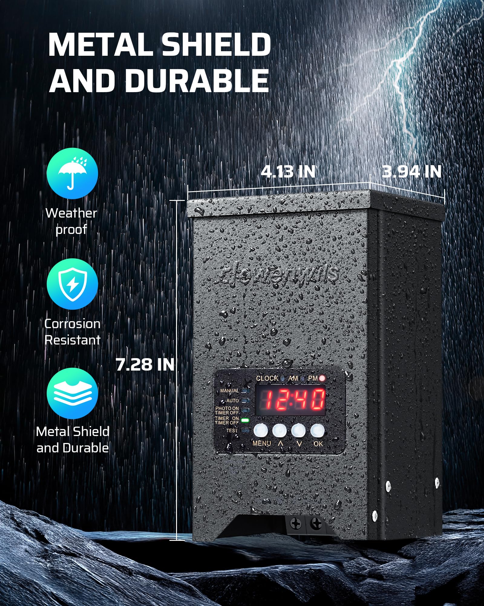 DEWENWILS 200W Low Voltage Landscape Transformer, 120V to 12V, Weatherproof, Dusk to Dawn Sensor, Black, Model HCLT04H1
