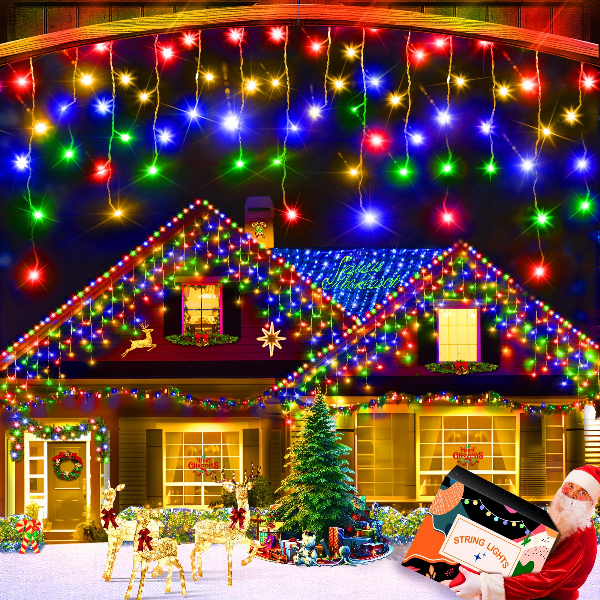 XURISEN 132ft Christmas Lights - 1280 LED, 8 Modes, Plug-in, Waterproof, Timer, Multicolor, Model BG-CL3M3-306L01