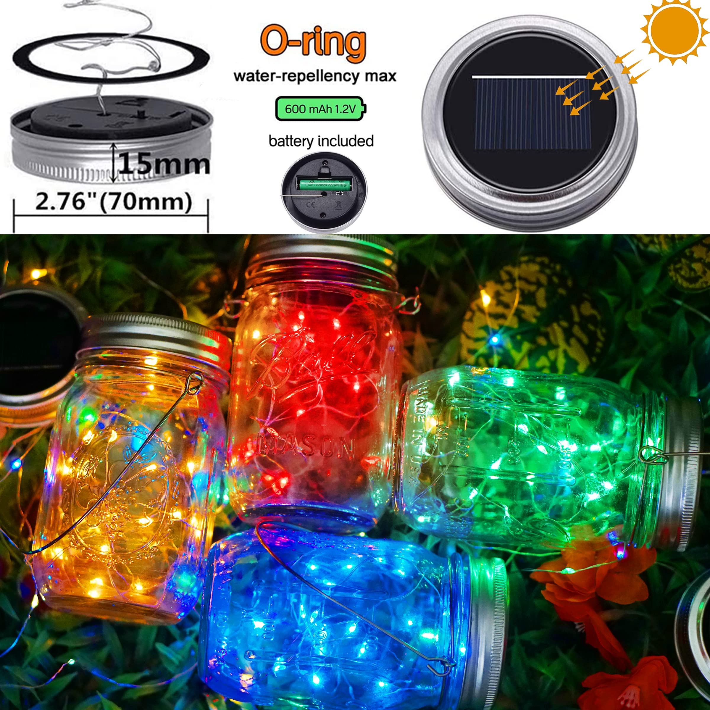 Solar Mason Jar Lights [Updated], 8 Pack 20 Led Waterproof Fairy Firefly Jar Lids String Lights With Hangers(No Jars), Patio Yar