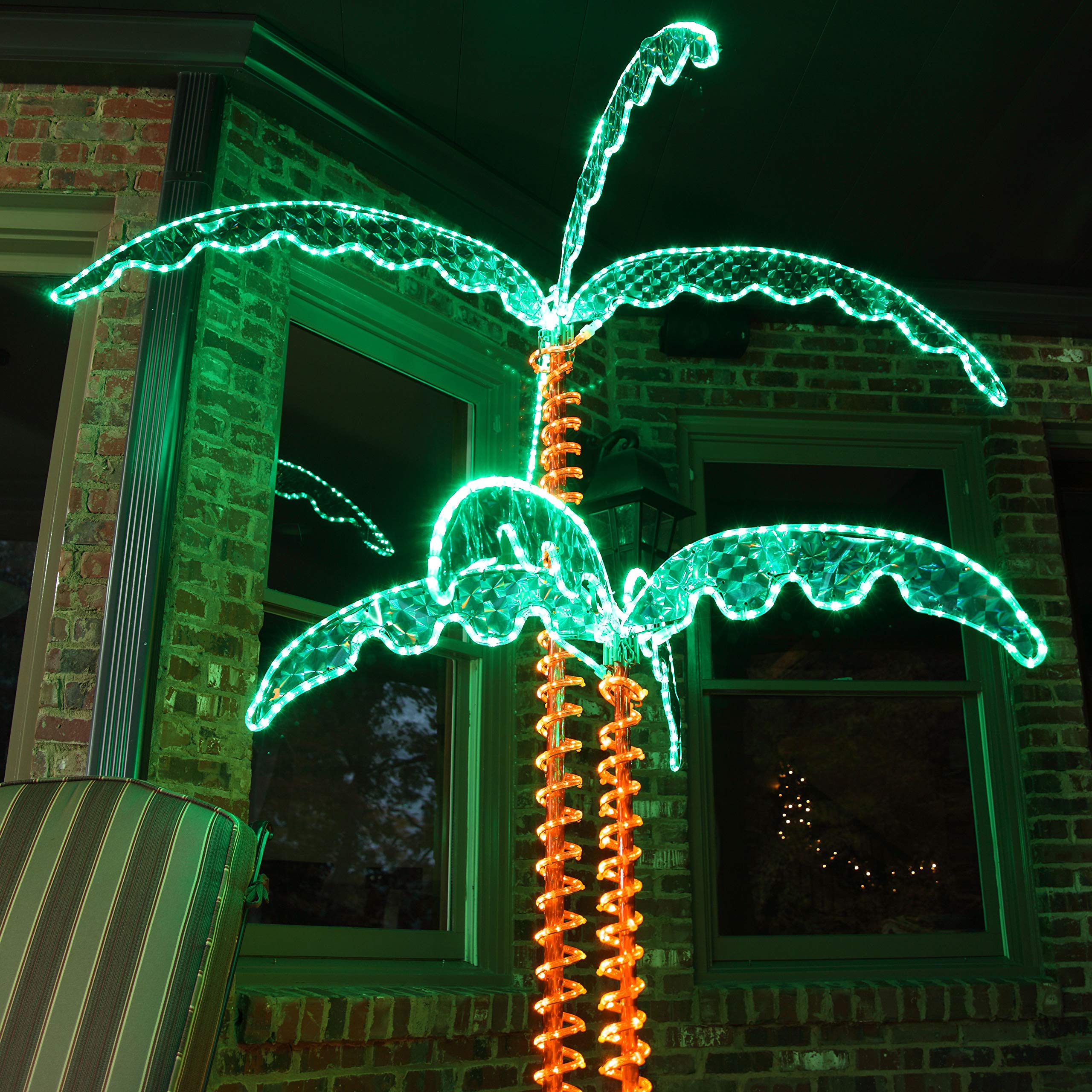 Wintergreen Lighting Deluxe Tropical LED Rope Light Palm Tree, 4.5ft, UV Protected PVC, Green and Amber Fronds, Lighted Holographic Trunk