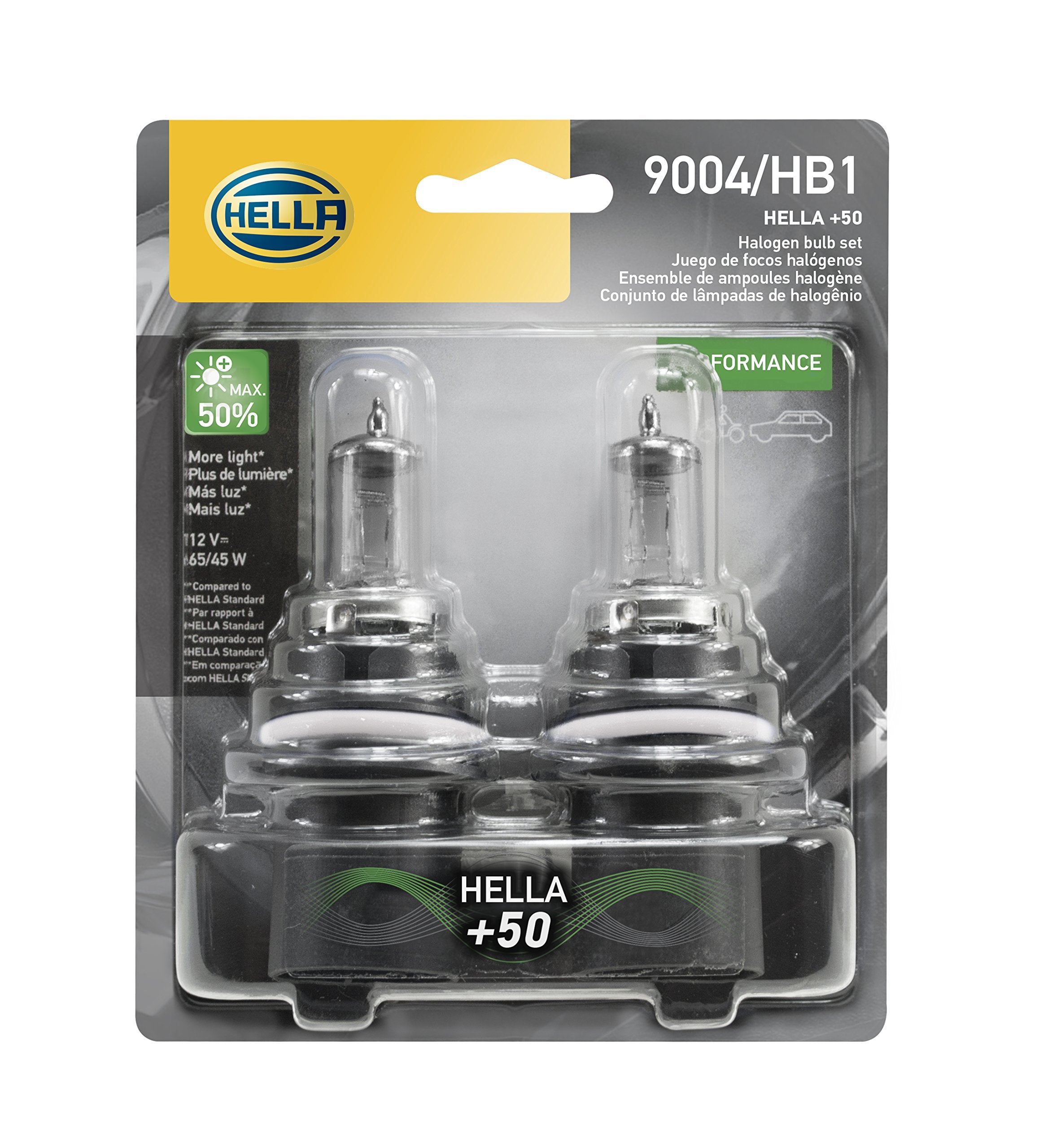 Hella 9004P50TB Twin Blister Performance Bulb, 12V, 65/45W, +50%, Multi, 2 Pack