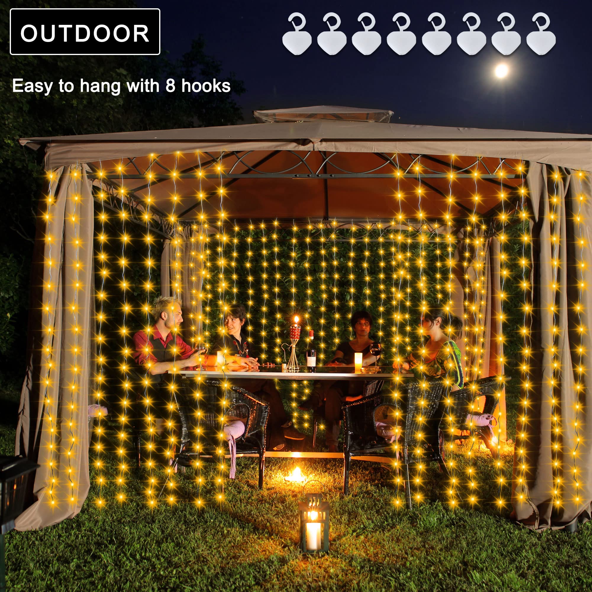 echosari Solar Curtain Lights 144 LED Waterproof 7.9ft x 6ft Warm White with Timer 8 Modes for Outdoor Decor