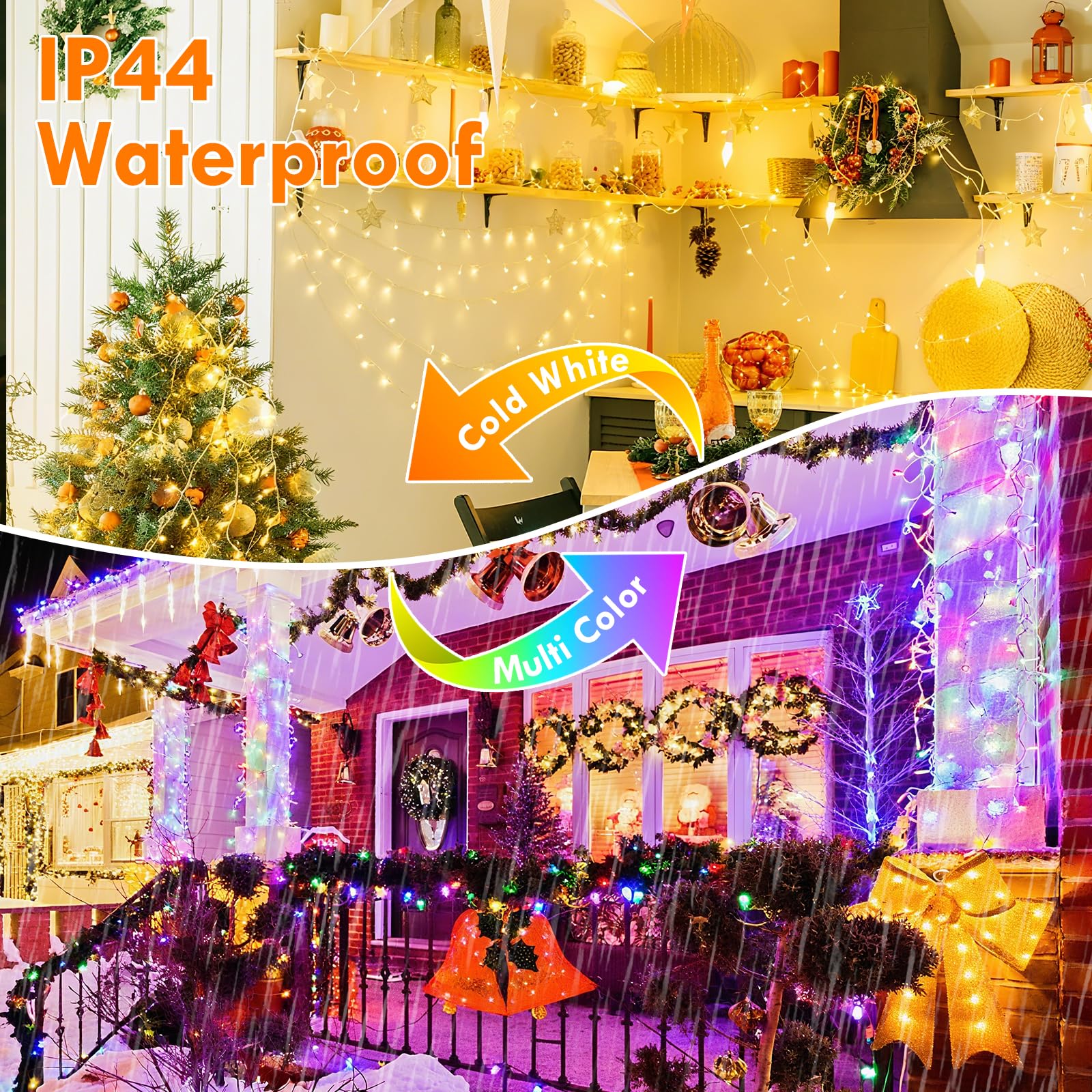 KAQ 88FT Connectable String Lights, 240LED, Warm White & Multicolor, Clear Wire, Model MLS-D29V6WUIC-O, Indoor/Outdoor Decor
