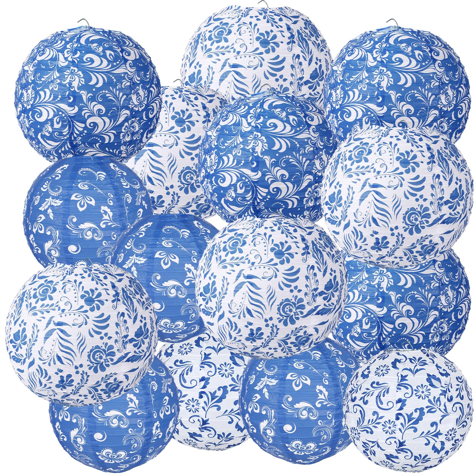 Lonfliness 15 Pcs Chinoiserie Paper Lanterns 10In 8In Blue And White Porcelain Hanging Lantern Party Decorations Chinese Round L