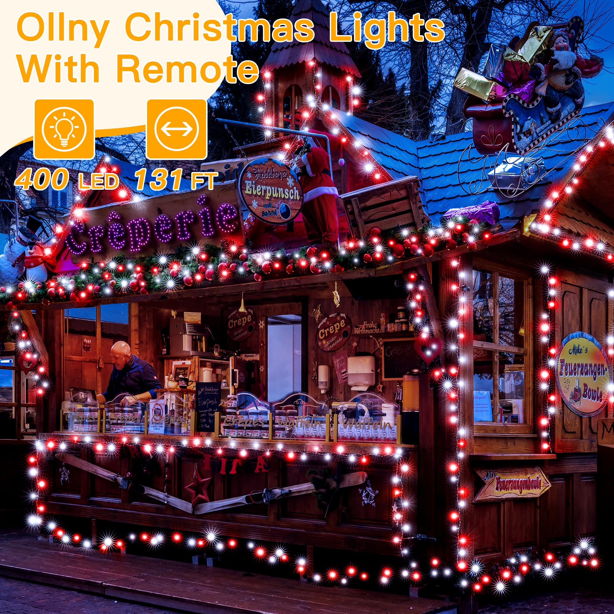 Ollny Red And White Christmas Lights Waterproof  400Led 131Ft String Lights With Remote 3 Timer  Plug In 8 Modes Fairy Light For Xmas Tree Indoor Bedroom House Party Wedding Decorations