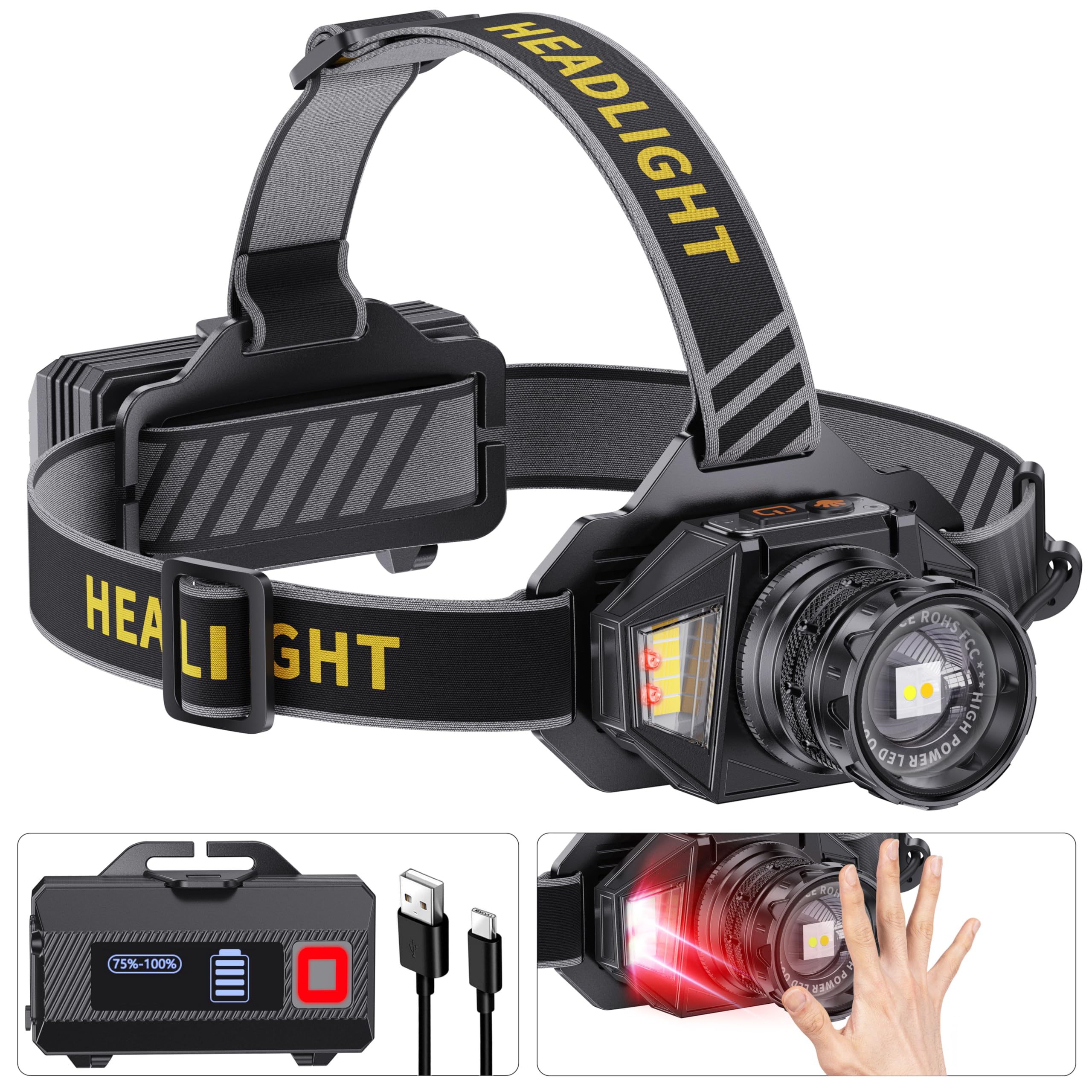 Led Headlamp Rechargeable,2980 High Lumens Head Lamp With 12 Modes & 90H Long Battery Life & Motion Sensor & Ipx7 Waterproof,90 