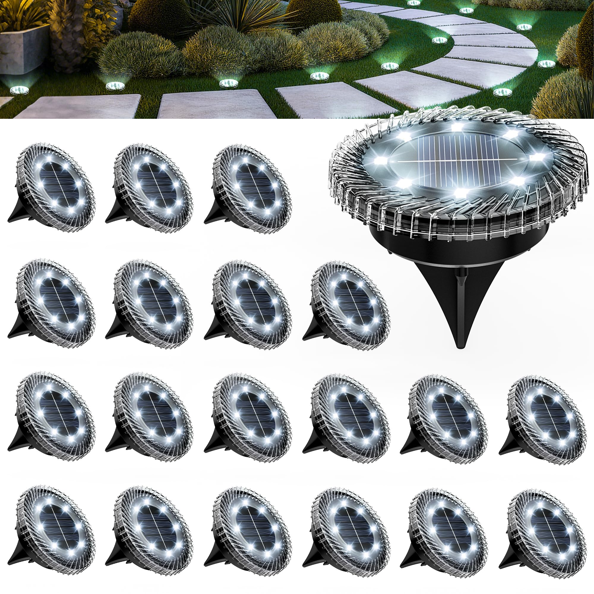 PATIOWIN 20 Pack Small Solar Ground Lights, Pathway Light Waterproof, Outdoor Solar Light for Garden, Driveway, Walkway, Backyar