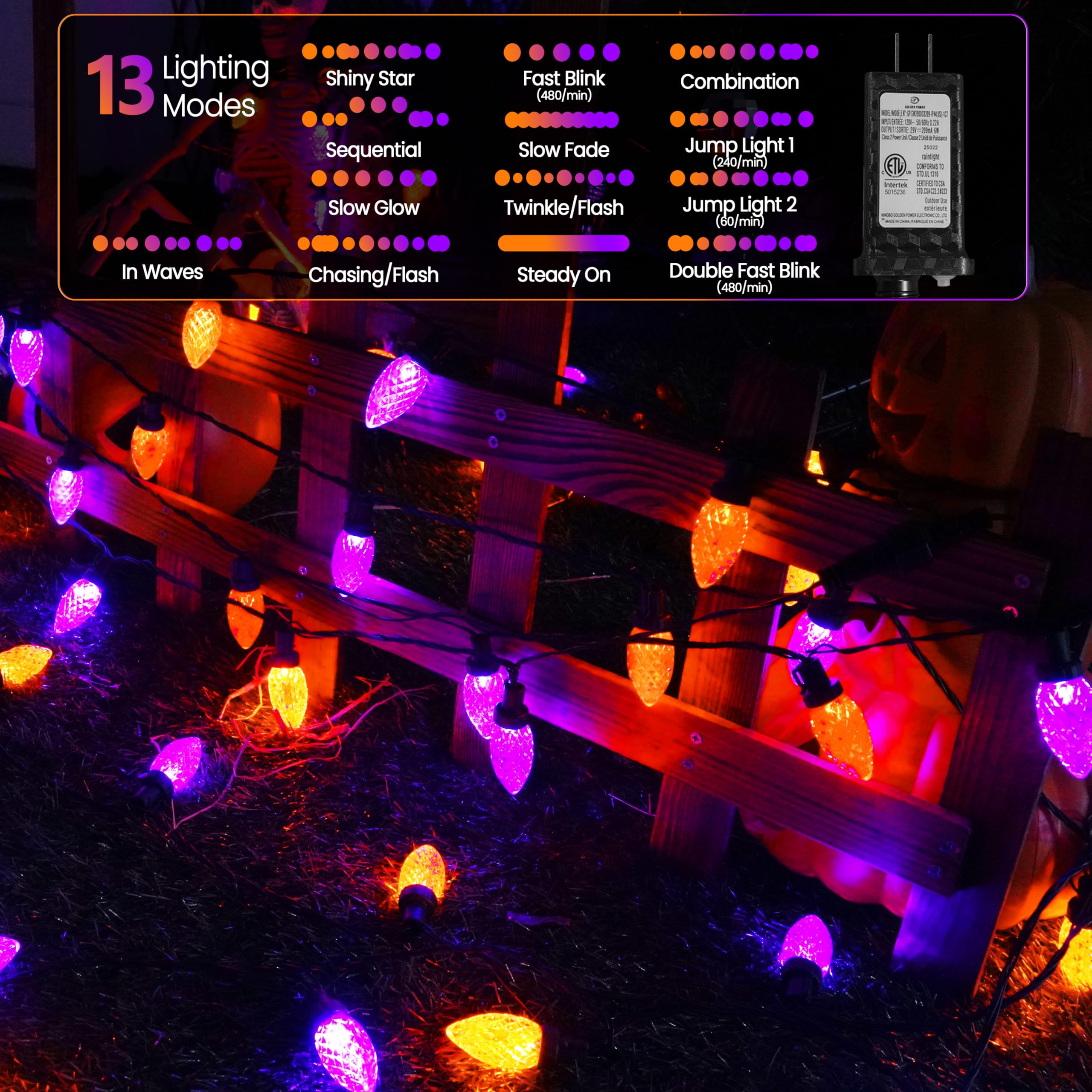LORRYTE 2PK C9 Halloween String Lights - 100 LED, 98FT, Purple & Orange, 13 Modes, Waterproof, Indoor/Outdoor Decorations
