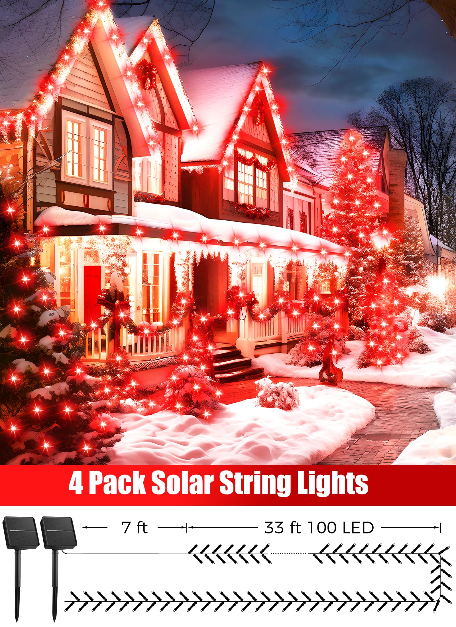 Minetom Solar String Lights - 4 Pack, 160Ft, 400 Led, 8 Modes, Waterproof, Outdoor Christmas Lights, Red