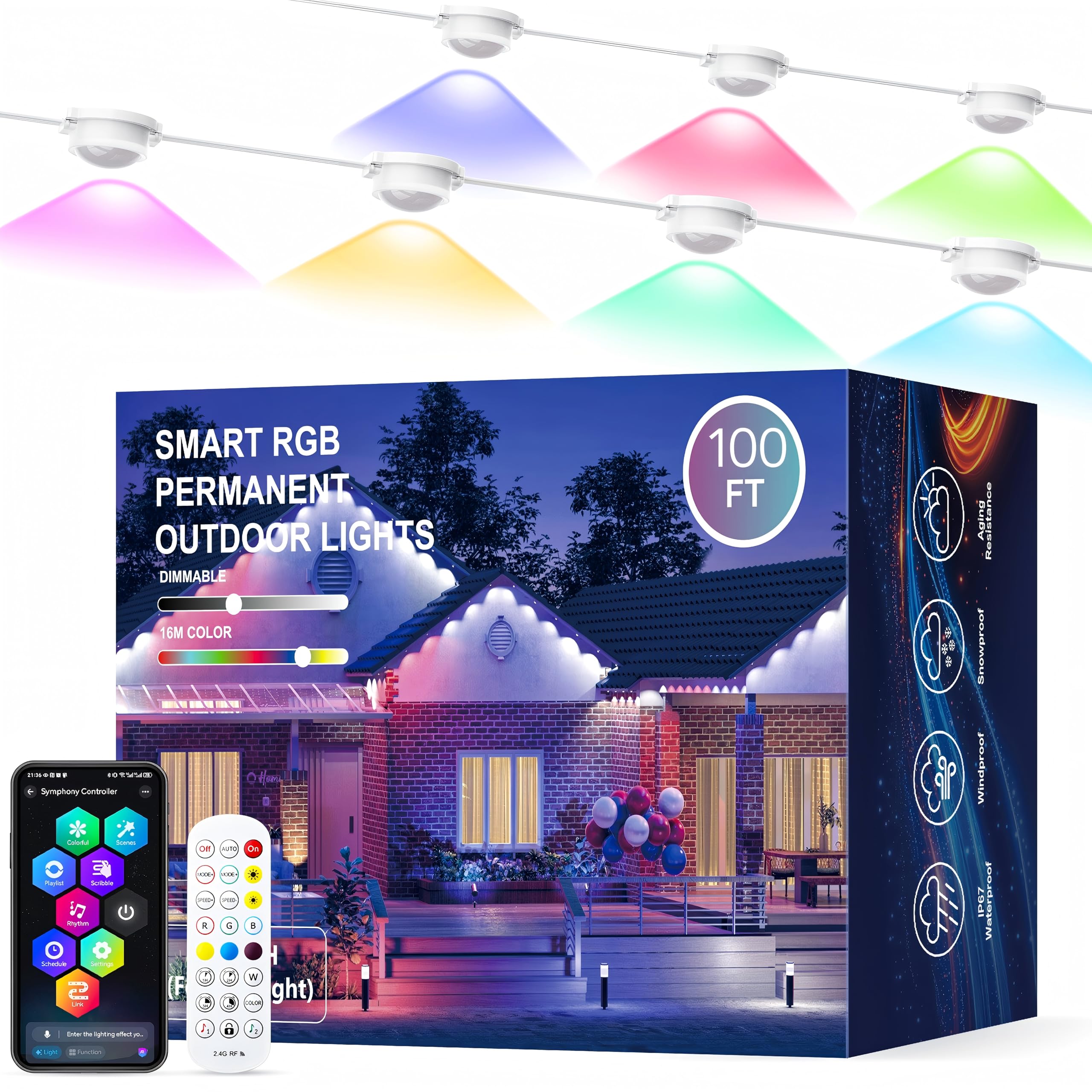 Joh Permanent Outdoor Lights  100Ft Rgb+Ic Smart Led Outdoor Lights With App/Remote Control  Diy Scene Modes Lighting & Ip67 Waterproof  Eaves Light For Christmas  Holiday  Daily Decorations