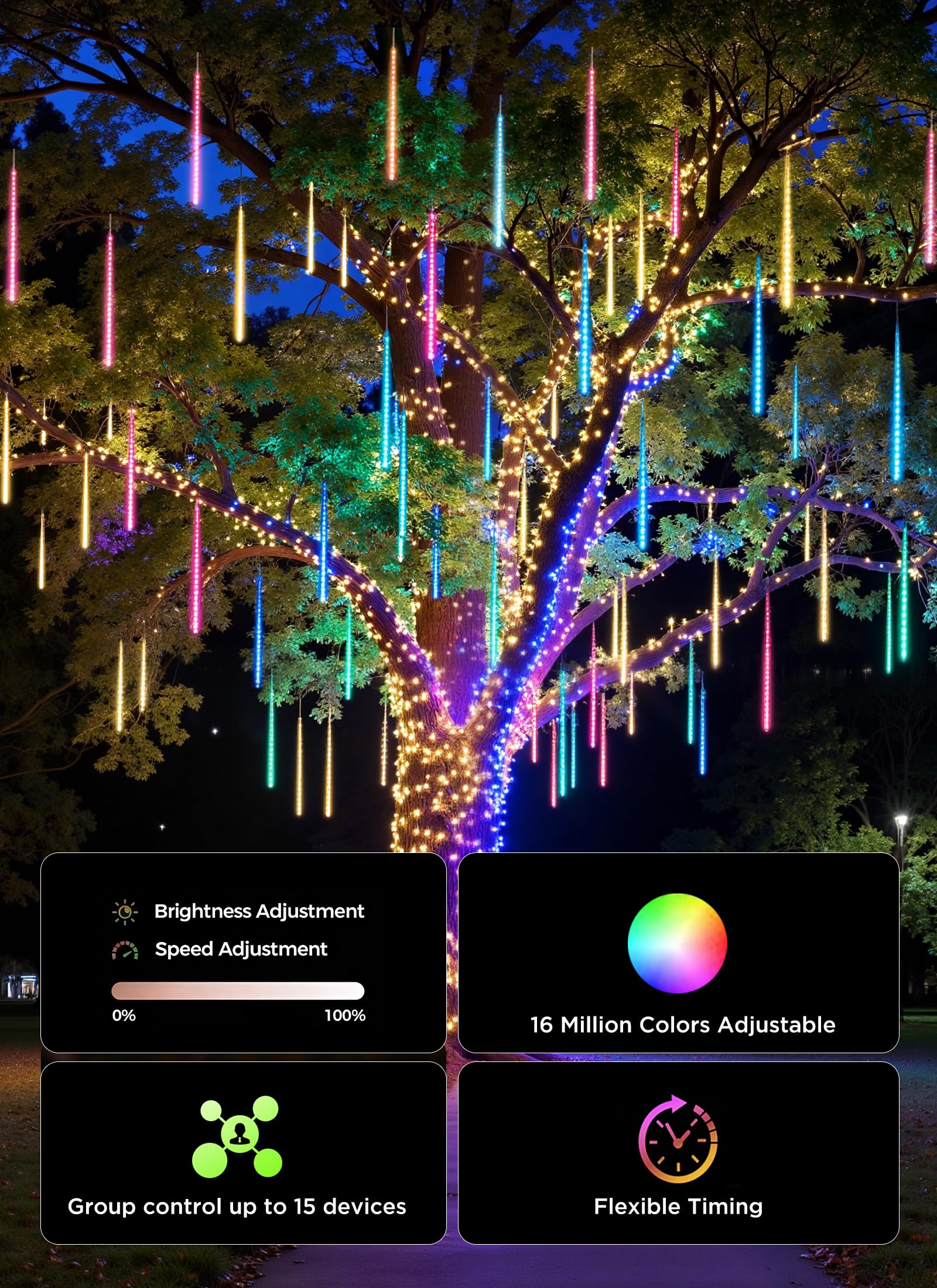 Smartdawn Smart Meteor Shower Rain Lights  24Tube 384Led 37.7Ft Color Changing Icicle Christmas Lights Outdoor Outside  App Controlled Rgb Customize Display Diy Dynamic Lighting Effect