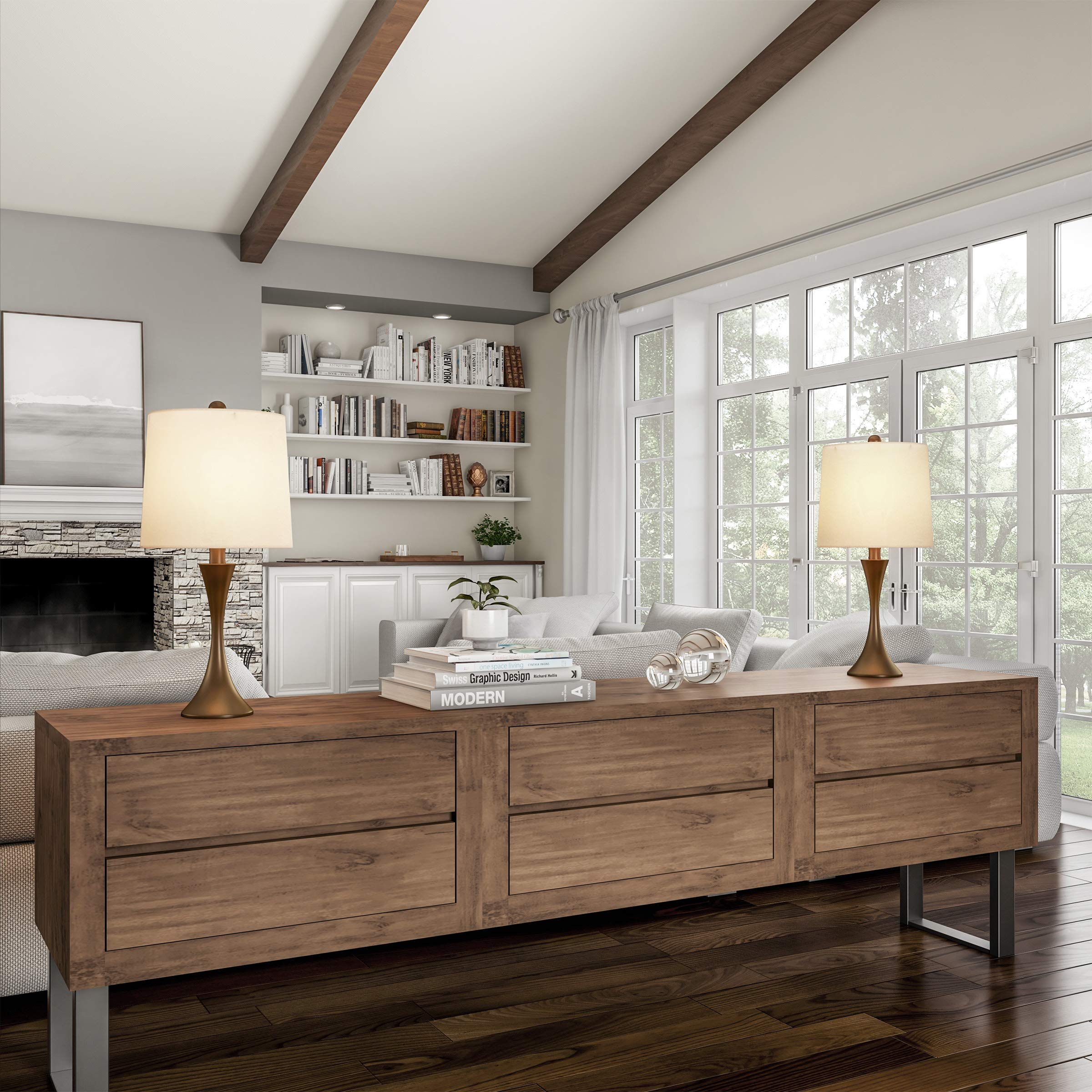 Table Lamps - Set Of 2 Mid-Century Modern Lights With Metal Flared Trumpet Base - Includes Energy Efficient Led Light Bulbs By L