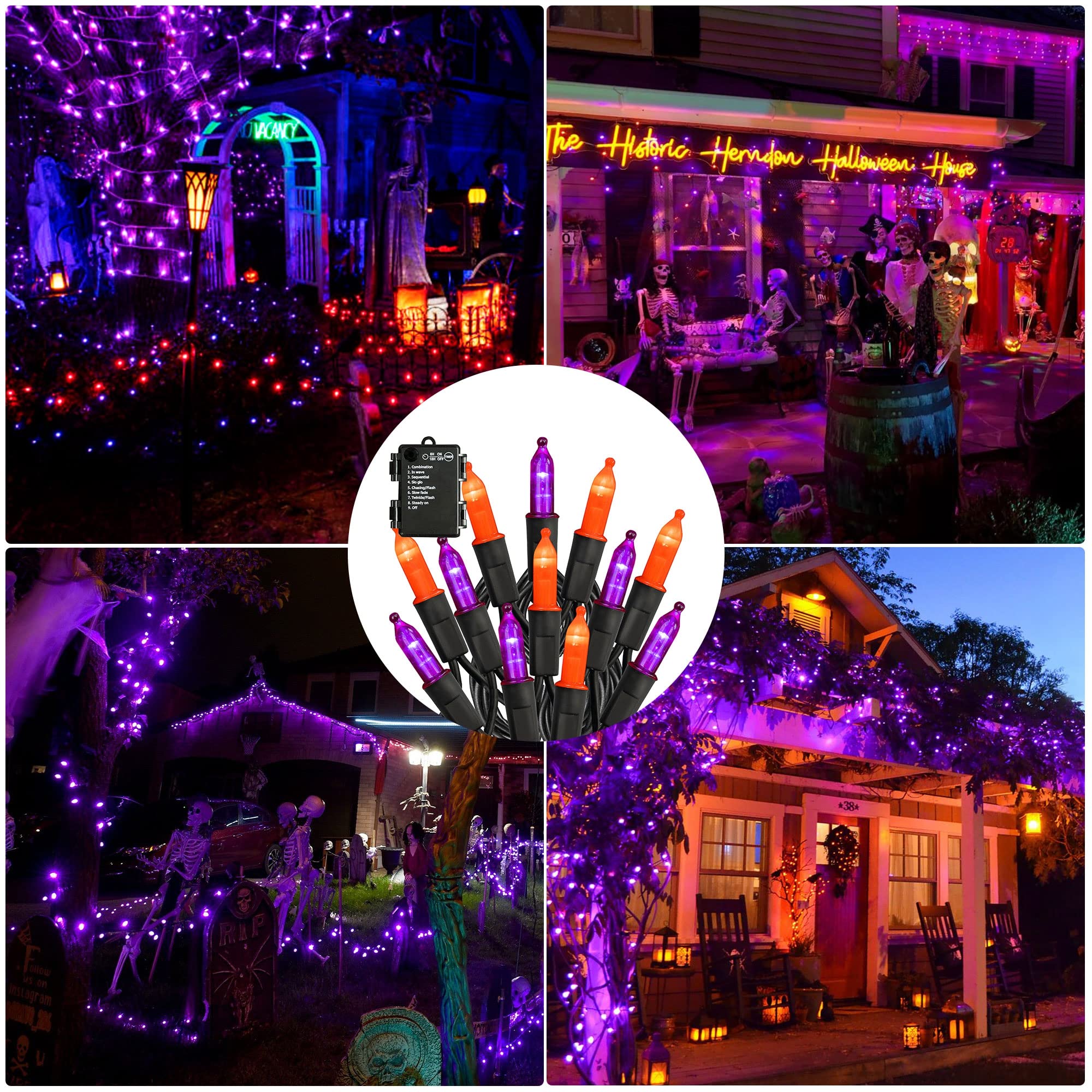 TW SHINE Battery Operated Halloween Lights - 100 LED, 32 FT, Waterproof Mini String Lights, Orange & Purple, 8 Modes for Indoor/Outdoor Decor