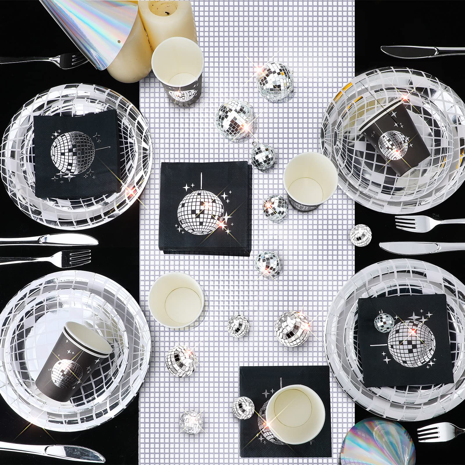 Marsui Disco Party Decor Set - 121 Pcs with 25 Disco Balls, Paper Plates, Cups, Napkins, Table Runner - Black & Silver