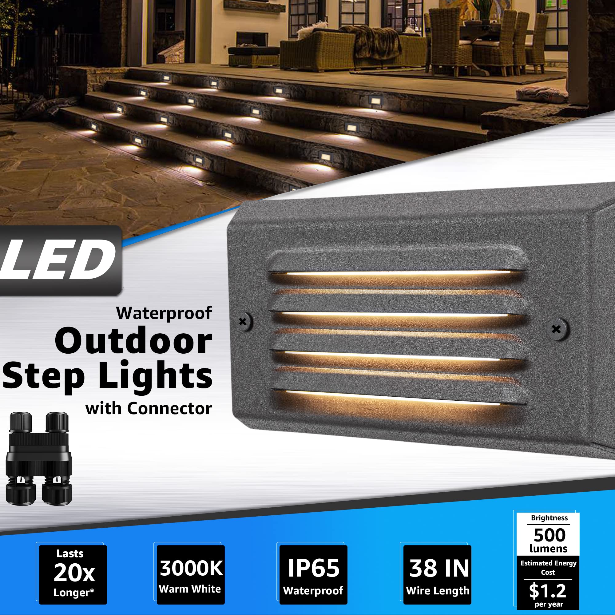 SUNVIE Low Voltage Step Lights 5W LED Deck Lights 12V 3000K Bronze Aluminum 8 Pack Model BLWFB0512C