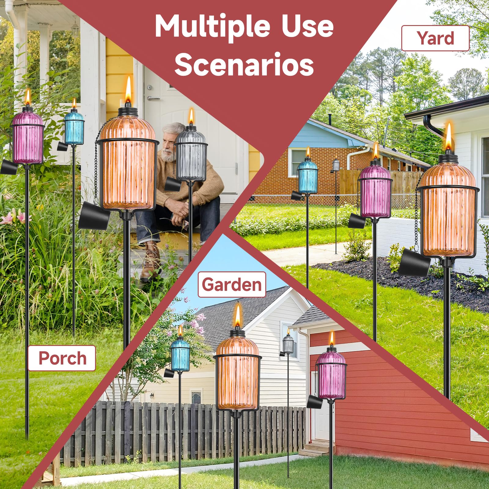 Fan-Torches 4 Pack Colorful Metal Garden Torches, 59-Inch Citronella Outdoor Decor