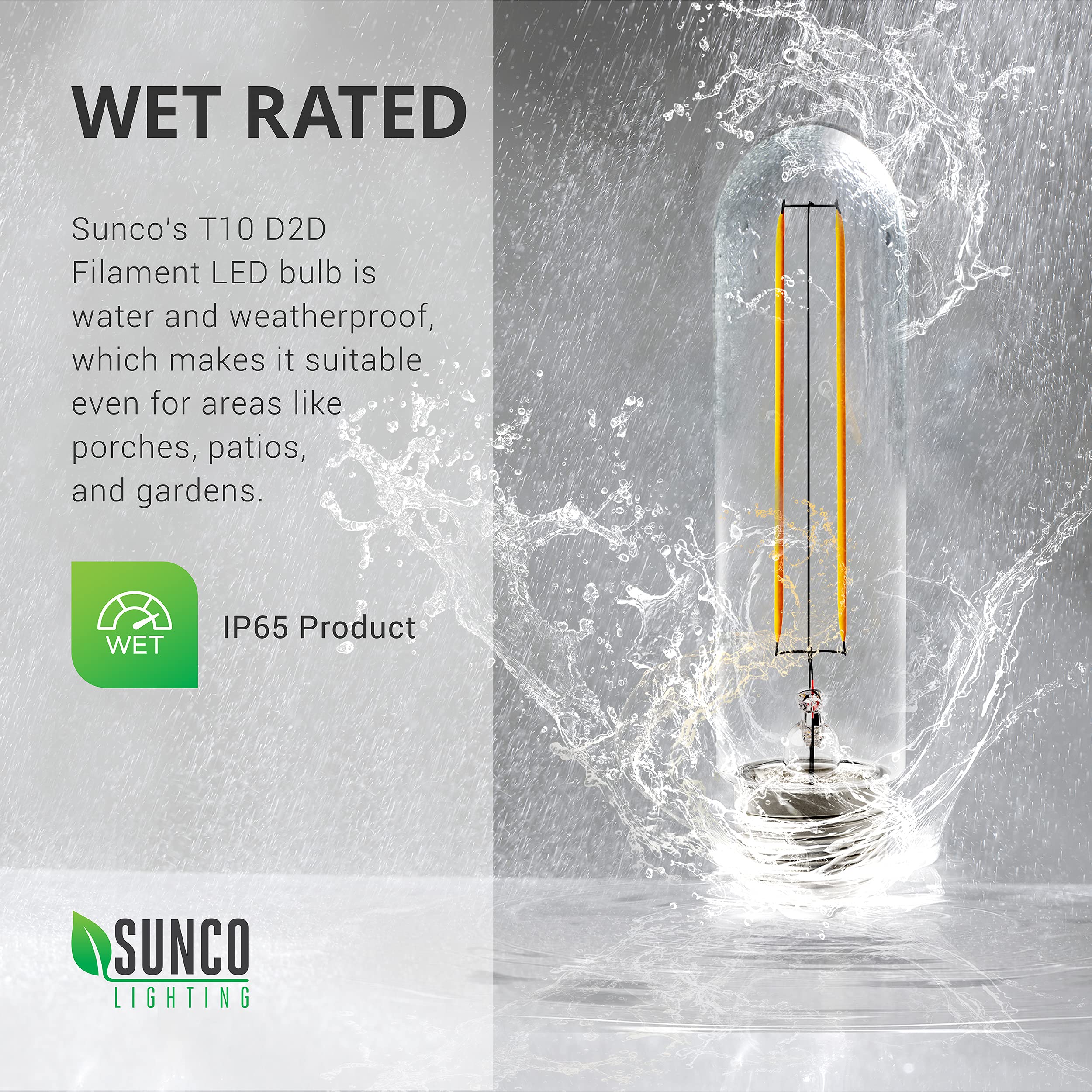 Sunco Lighting T10 LED Bulbs 5W=40W 6 Pack, 2700K Soft White, Vintage Filament, Waterproof, E26 Base, 450 Lumens, CR