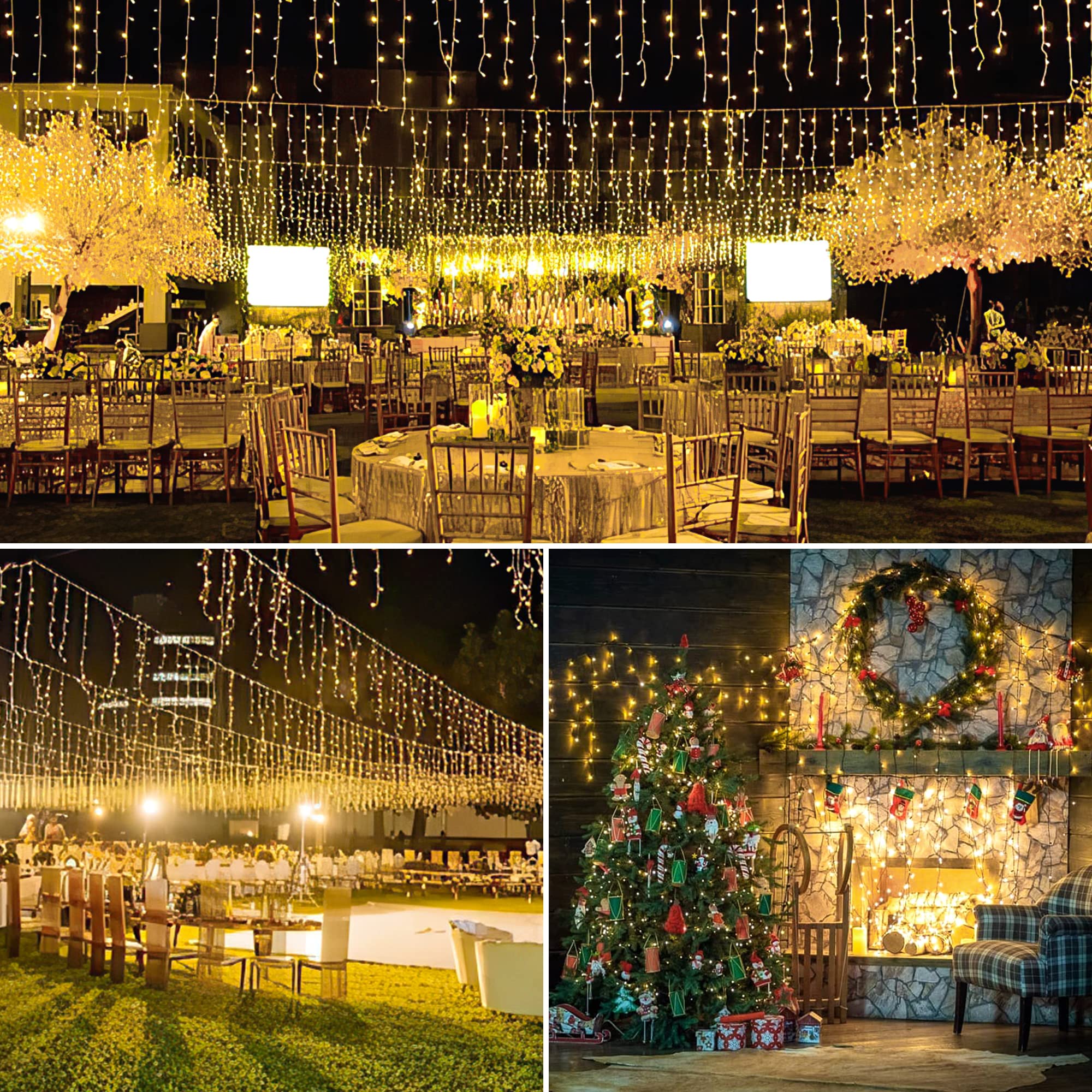 mimigogo 300 LED Solar Icicle Lights, 33ft, 8 Modes, Warm White, Outdoor String Lights for Christmas Holiday Wedding Party Decorations