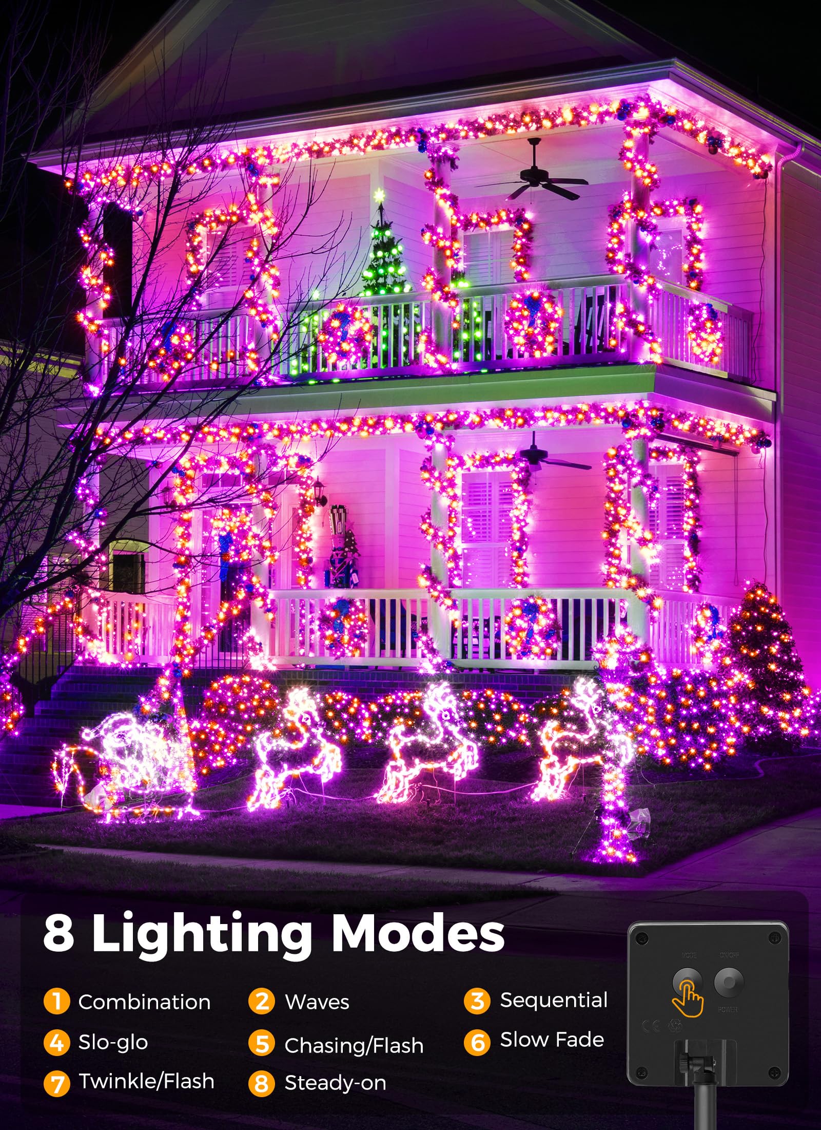 Brightown 2-Pack 400Led 170Ft Total Halloween Solar Outdoor Lights Ip65 Waterproof Solar Powered Lights With 8 Lighting Modes For Party Garden Yard Home Holiday Tree Decoration Lighting Orange&Purple
