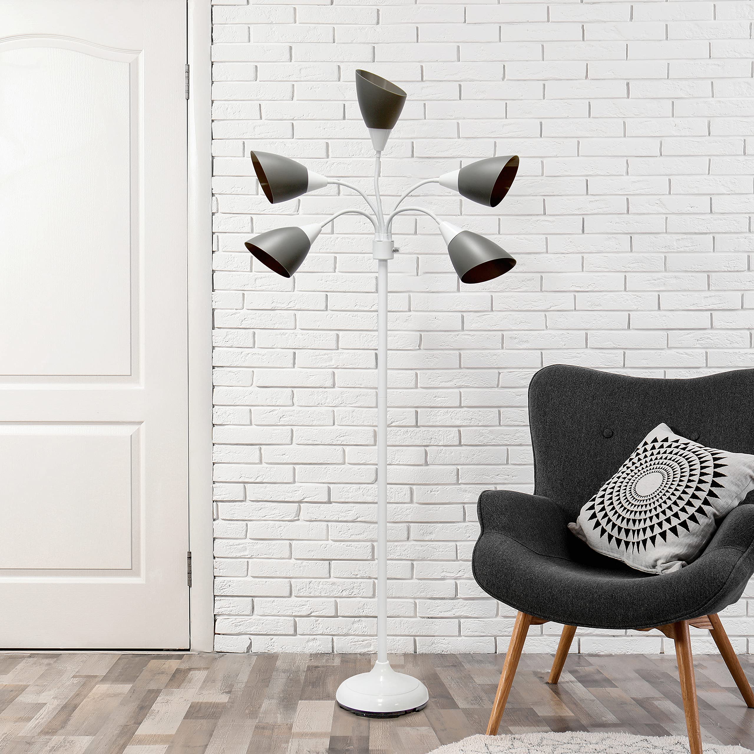 Simple Designs LF2006-GOW 67in White Gooseneck Floor Lamp with Gray Shades for Kids Bedroom, Playroom, Living Room, Office