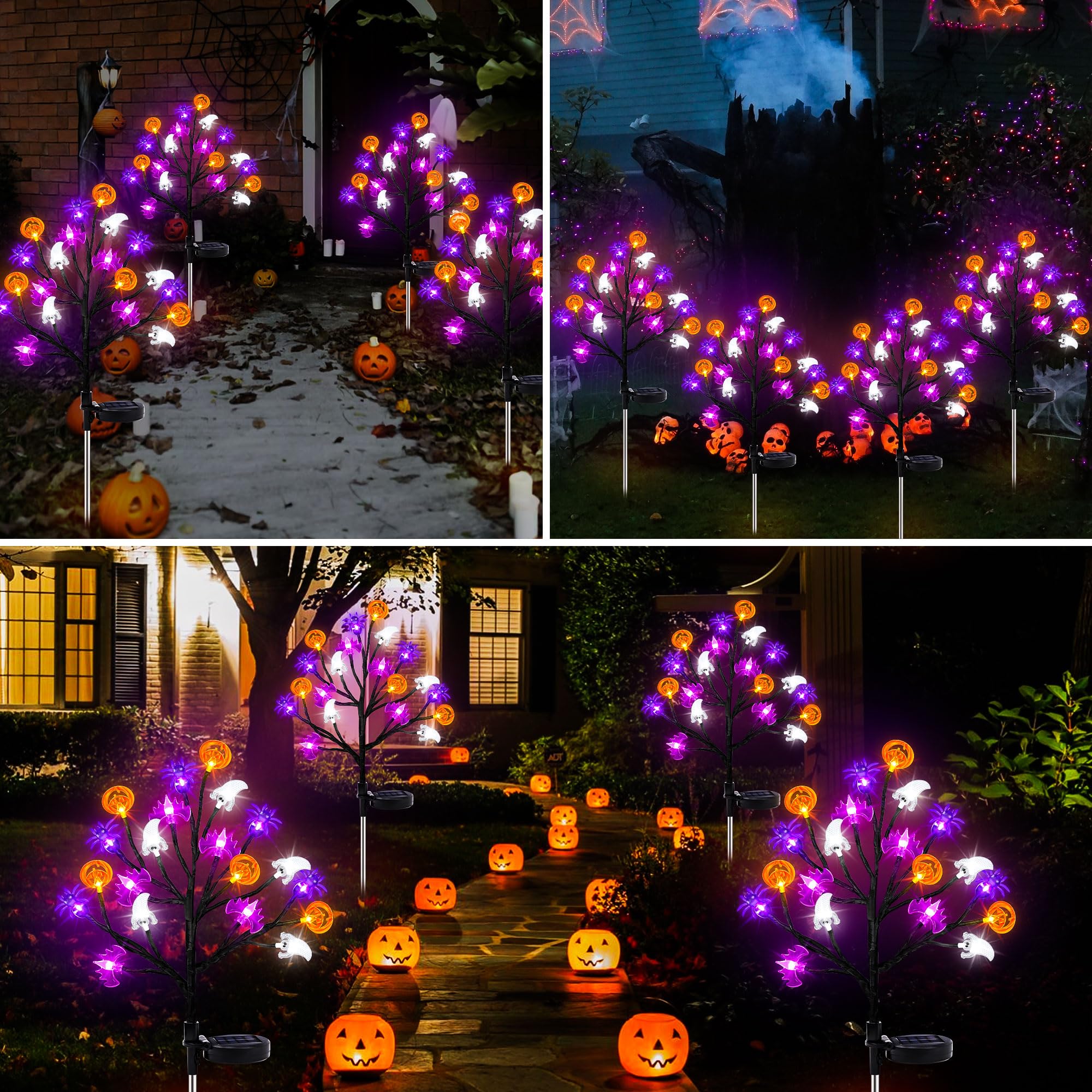 Halloween Decorations Outdoor Solar Lights, 2 Pack Halloween Lights Outdoor Solar Lights Waterproof With 20 Led Ghosts Bats Spiders Pumpkin Lights, 2 Modes Solar Pathway Lights For Halloween Decor