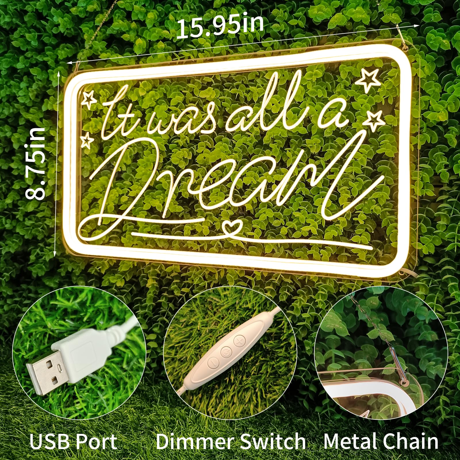Welltodo Neon Light Sign for Wall Decor, Dream Design, Acrylic, Rectangle White