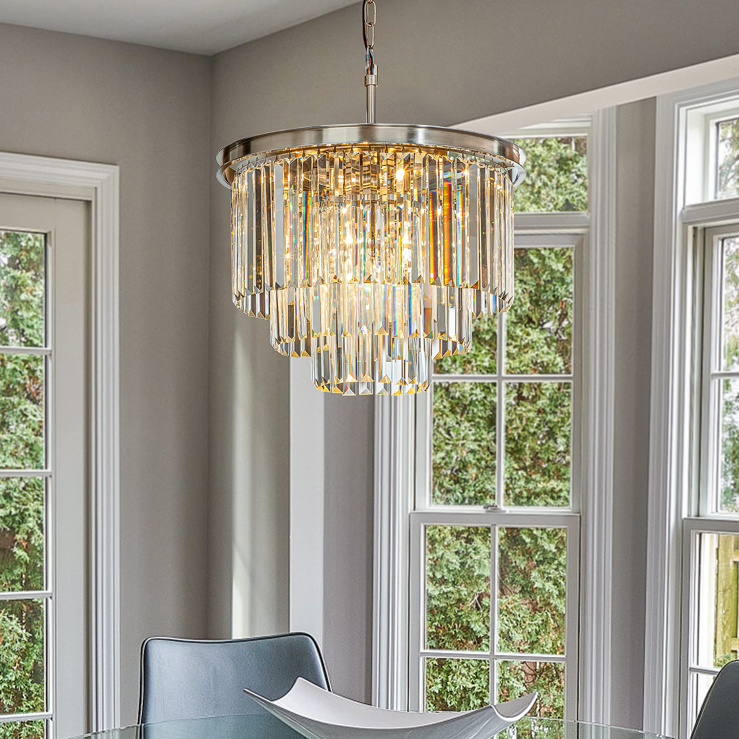 ALOADECOR 6-Light Modern Satin Nickel 3-Tier Round Fringe Crystal Chandelier Chrome Finish Frame Close to Ceiling Dual-Use Light
