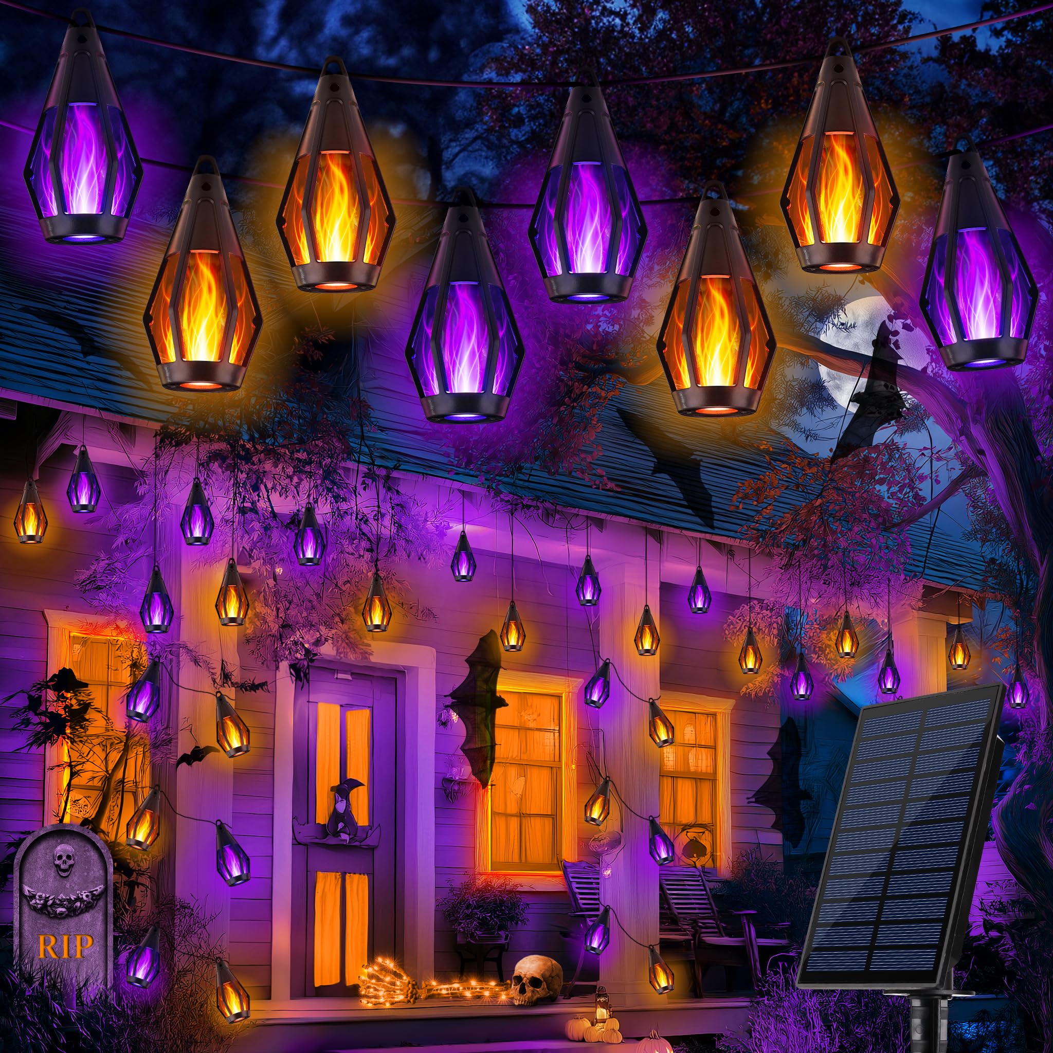 iBaycon Solar Halloween Lights, 42Ft 15 LED Bulbs Flickering Flame String Light, Outdoor Waterproof Solar Flame Lights for Garde