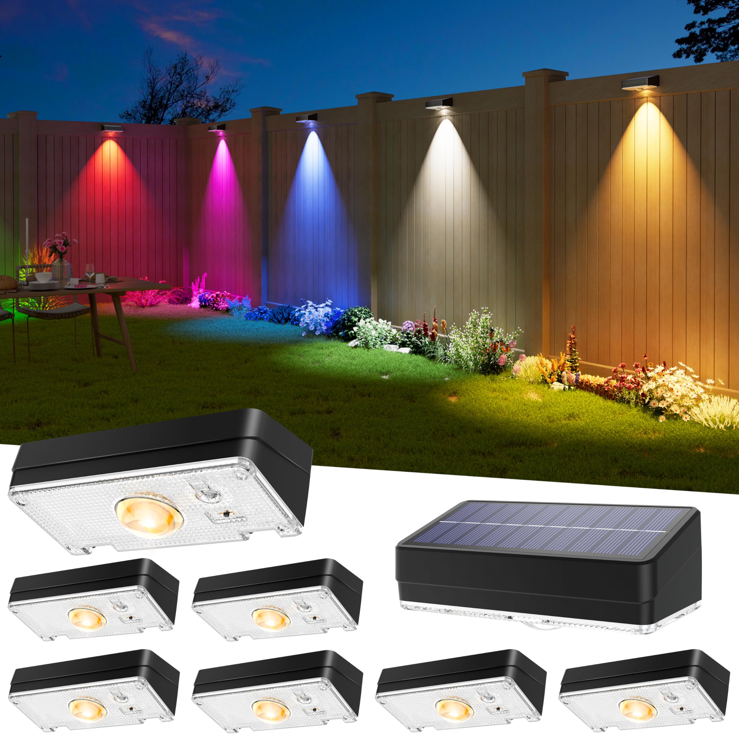 JOFIOS Solar Fence Lights Outdoor  8 Pack  50LM Ultra Bright  3 Color Temperatures & RGB  IP65 Waterproof  Dusk-to-Dawn Solar Powered Fence Lights for Patio  Railing (Black)