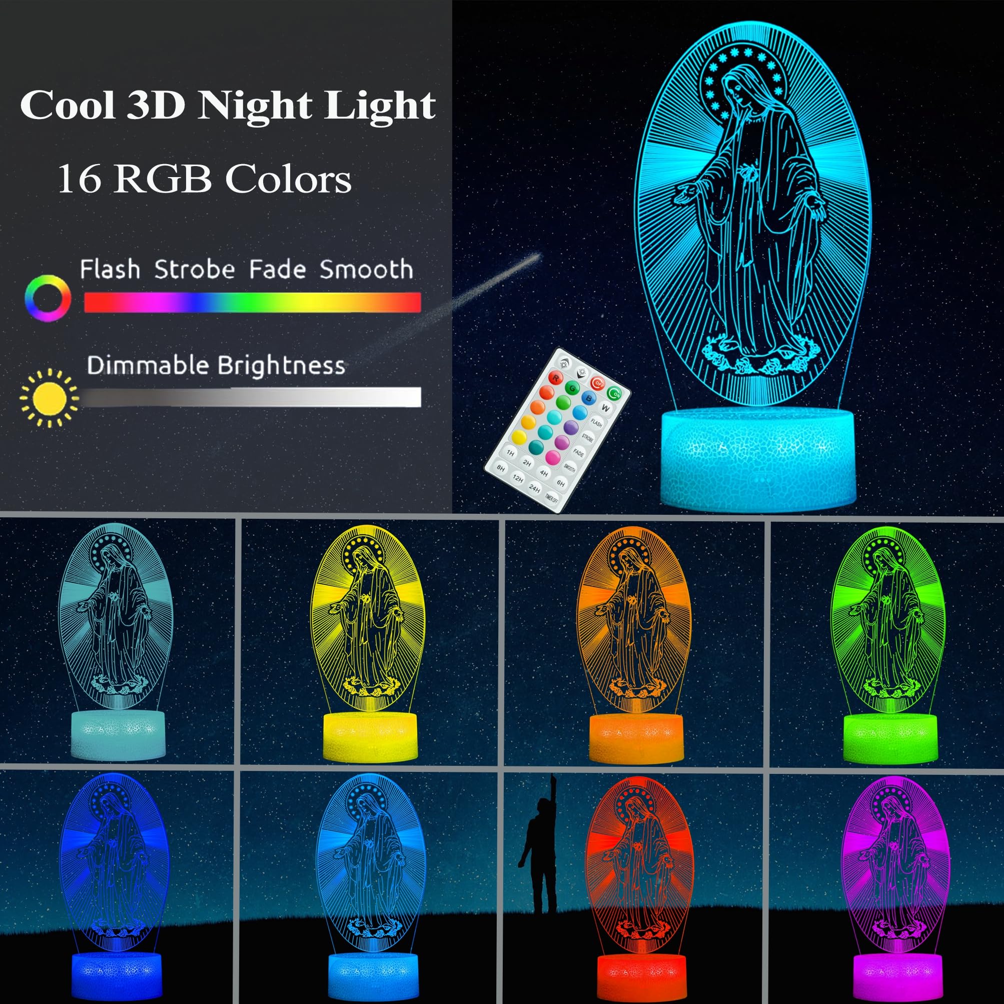 POSSHE 3D Virgin Mary Night Light, 16 Color Changing, Remote Control, 8.3" H, ABS Material, Model MY-3D LAMP-CRACK